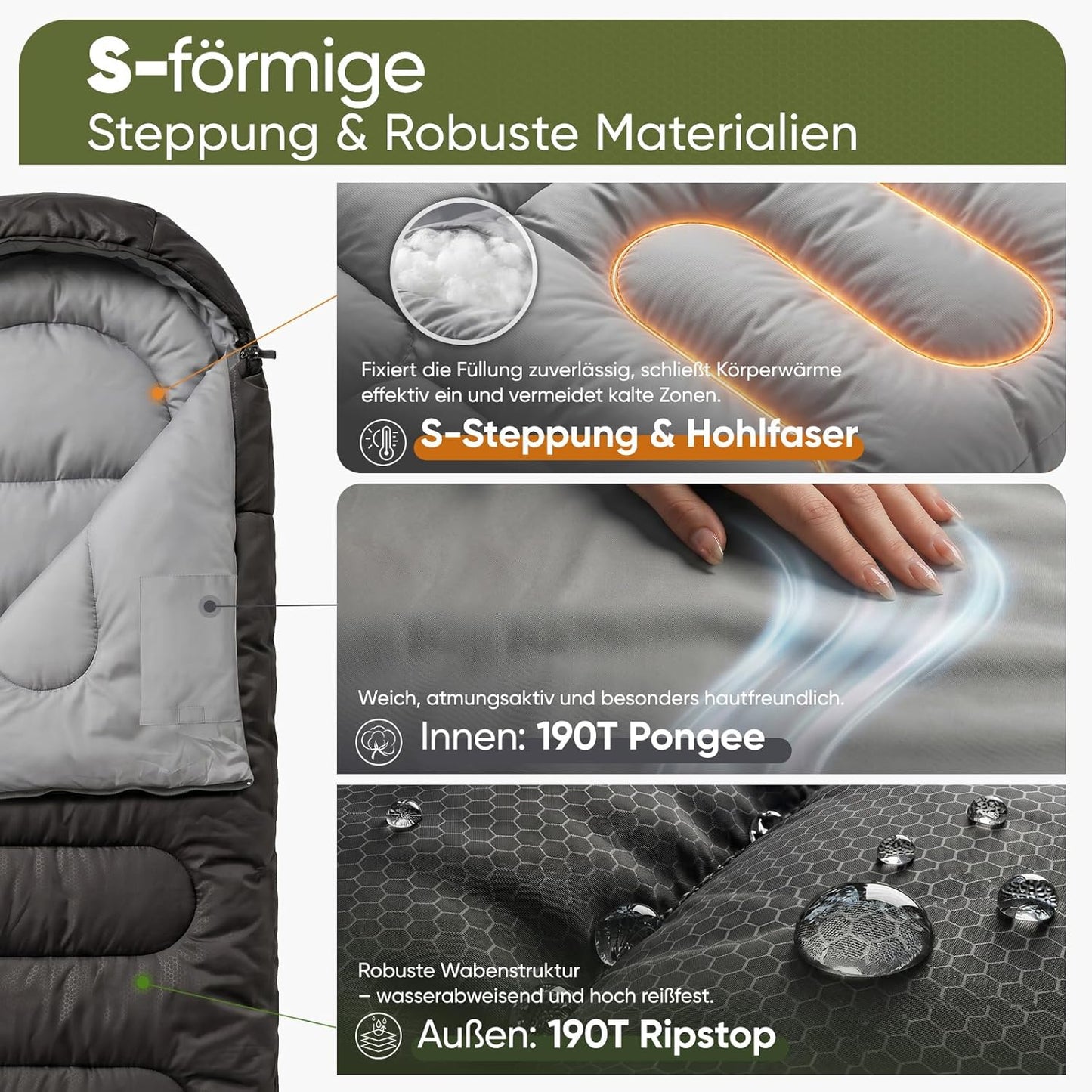 3-Jahreszeiten-Schlafsack mit Fussbelüftung, Anthrazit