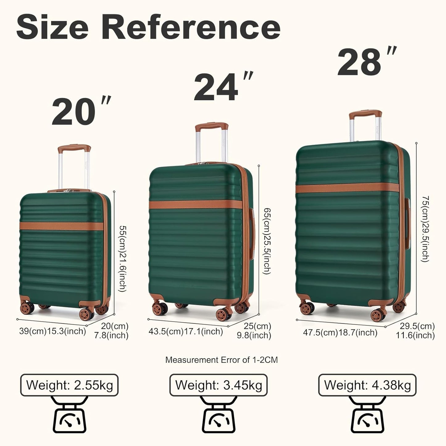3-teiliges Kofferset mit TSA-Schloss, Set(M-L-XL), Dunkelgrün/Braun