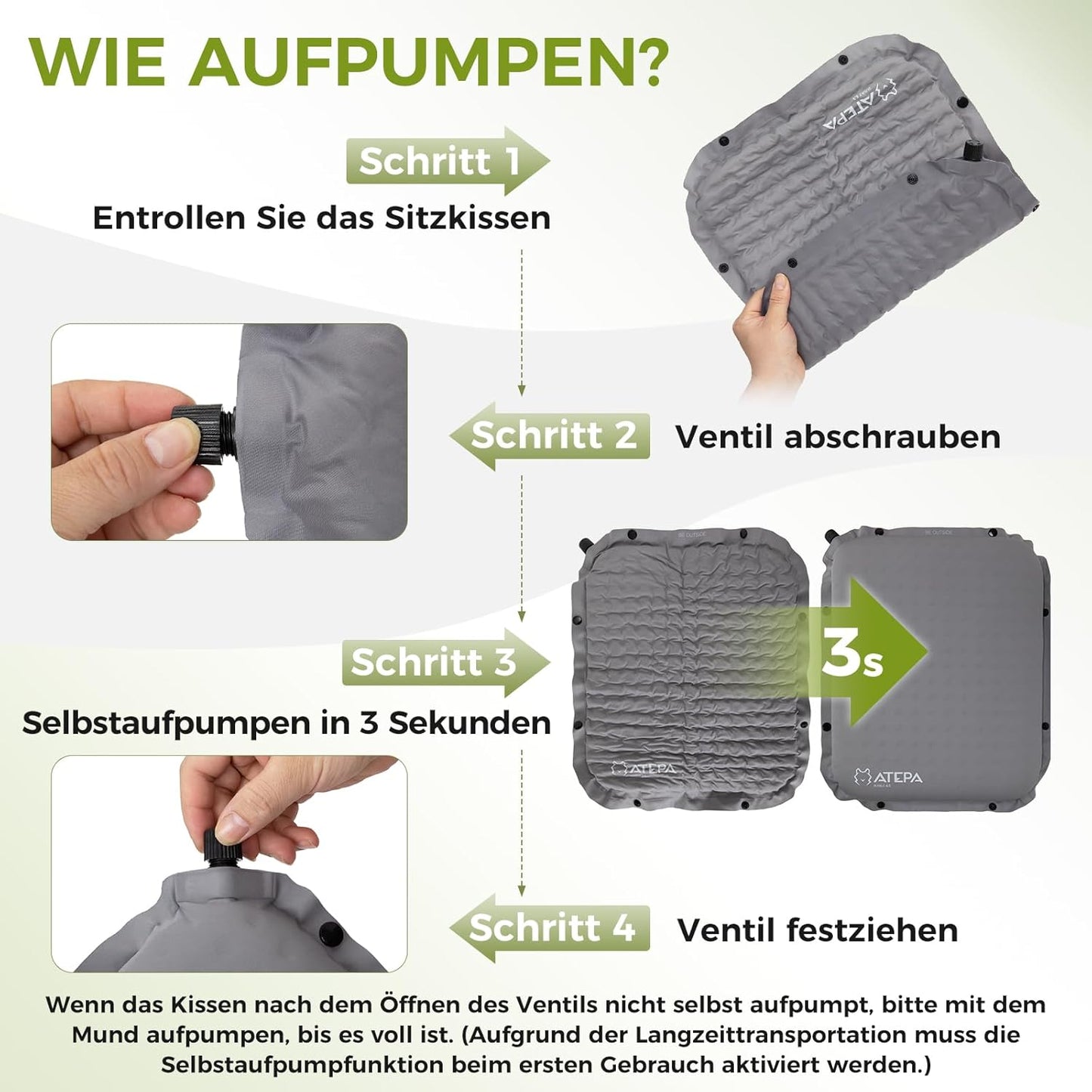 Faltbares, selbstaufblasendes Sitzkissen, Grau 1er Pack 42 x 33 x 6,5 cm