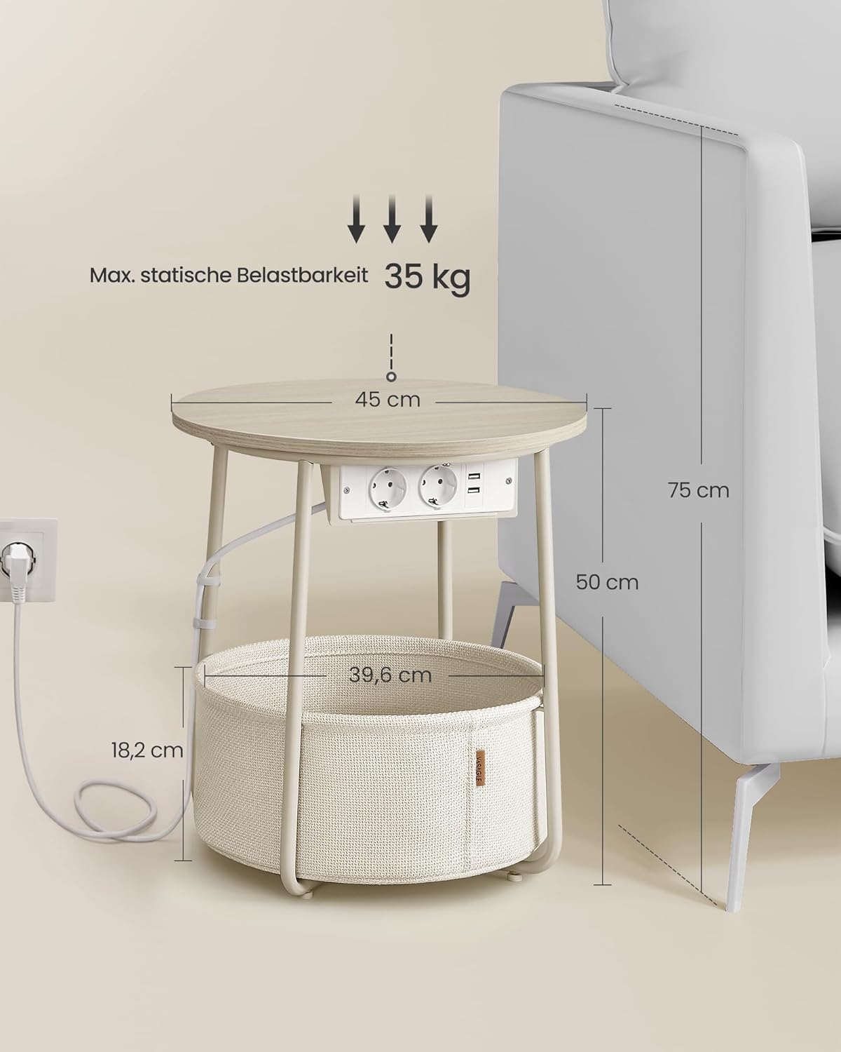 Runder Beistelltisch mit Steckdose und Stauraum, Naturbeige + Cremeweiss