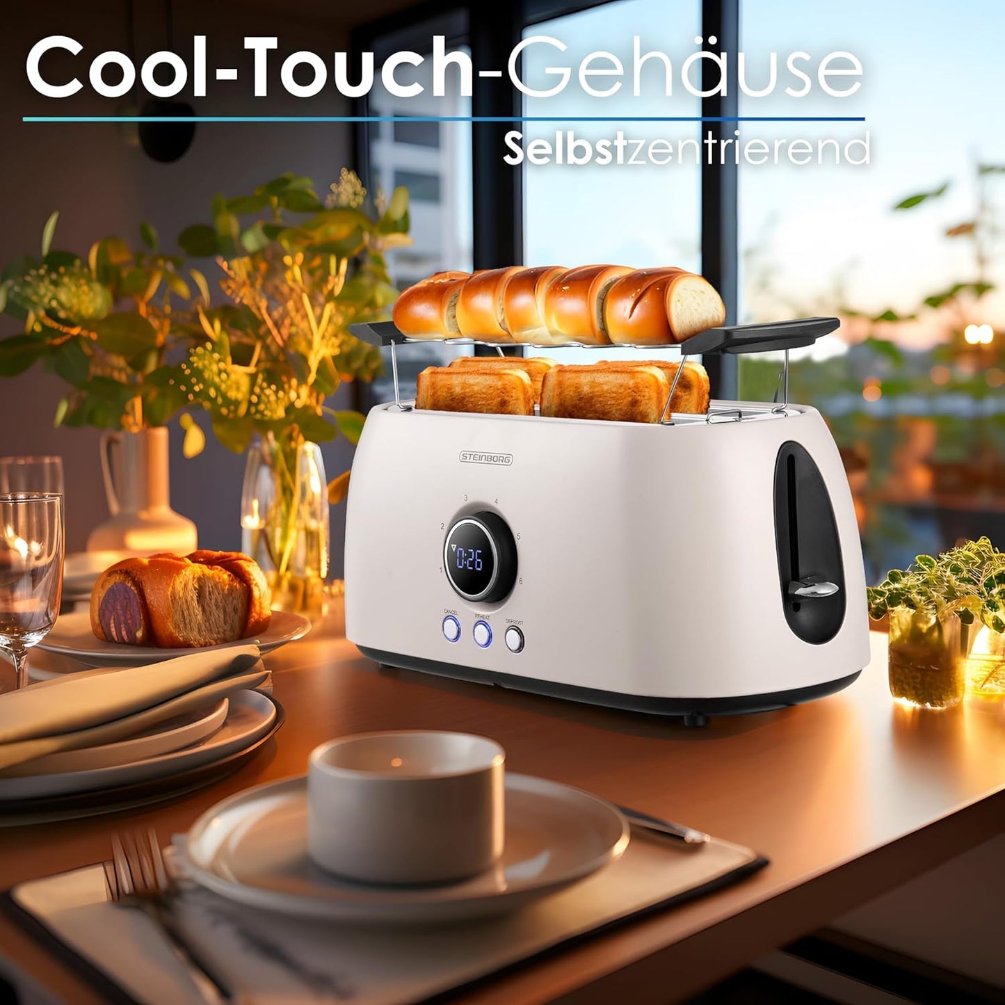 Toaster mit Brötchenaufsatz, 4 Scheiben, LED-Anzeige, Bulgur Beige