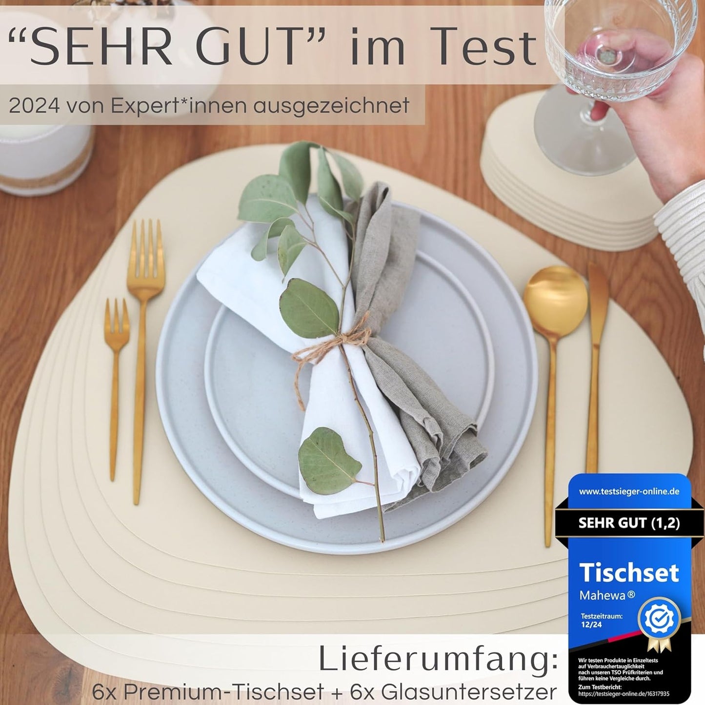 6er Set Premium Tischset aus Kunstleder, Cremebeige Oval