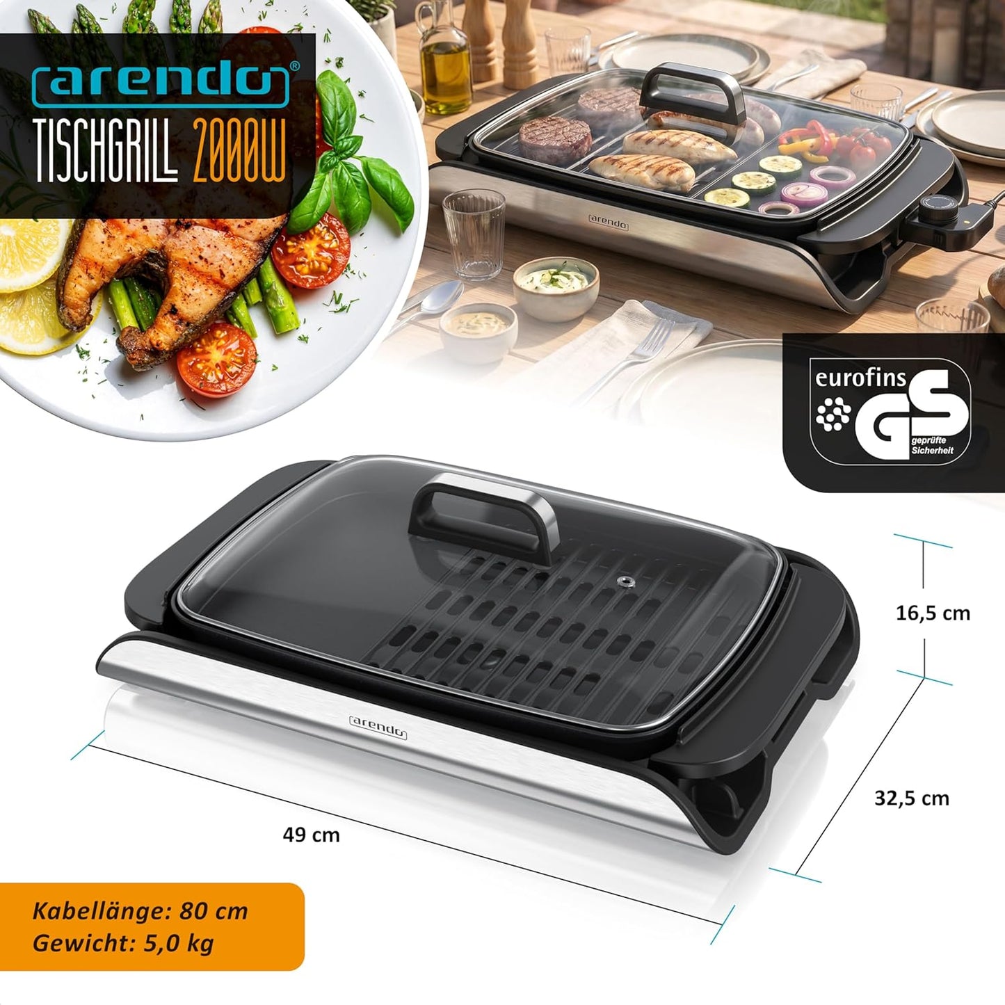 Elektro-Tischgrill mit Glasdeckel, 2000W