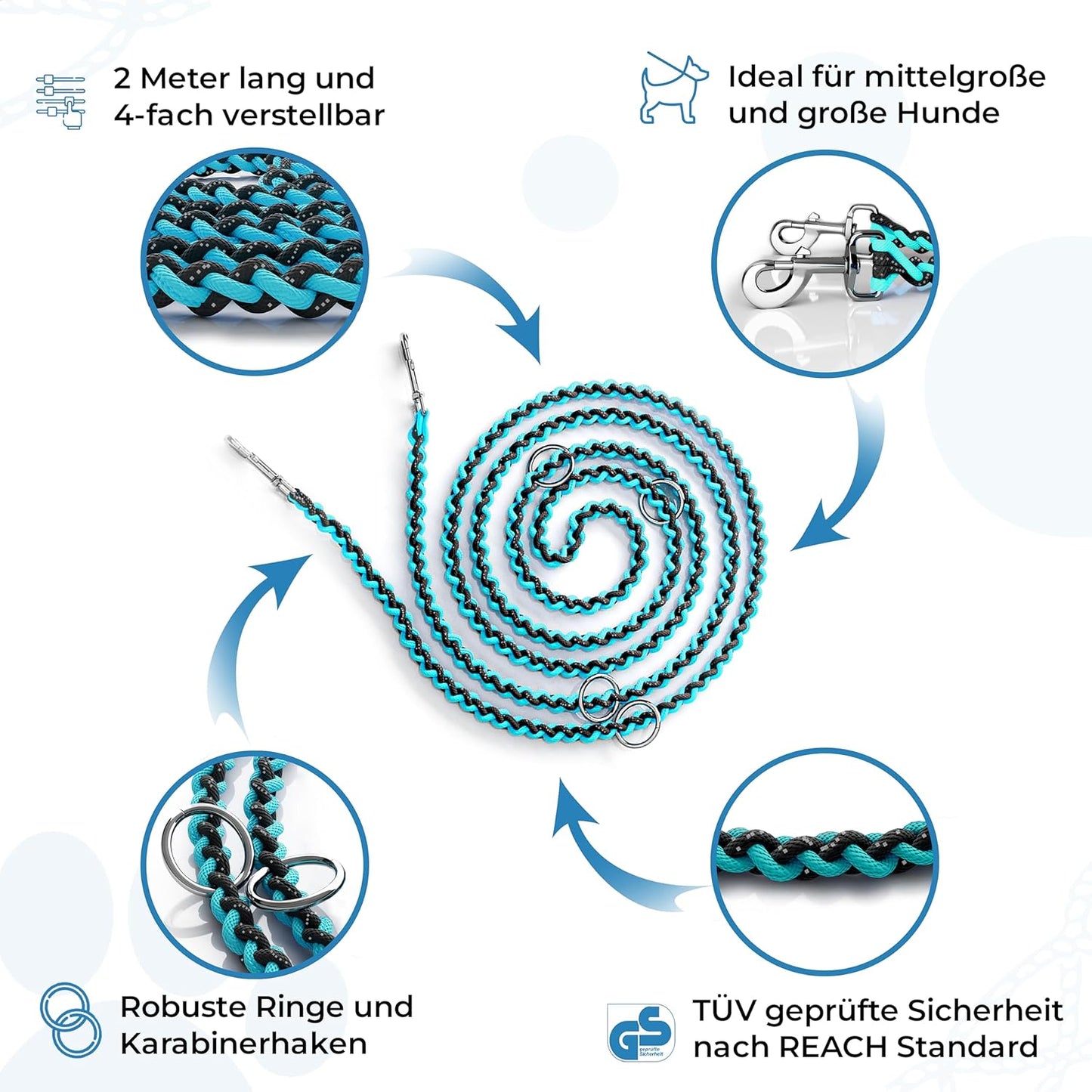 Reflektierende Paracord Hundeleine, 2m, türkis - schwarz 2 m Hunde ab 15 kg