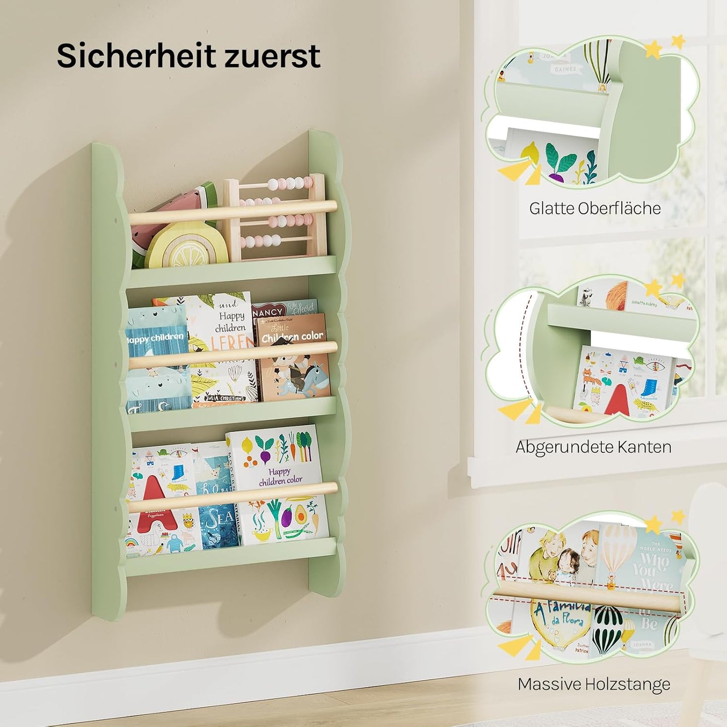Kinder Wandbücherregal mit 3 Ablagen, Grün 42.5x80cm