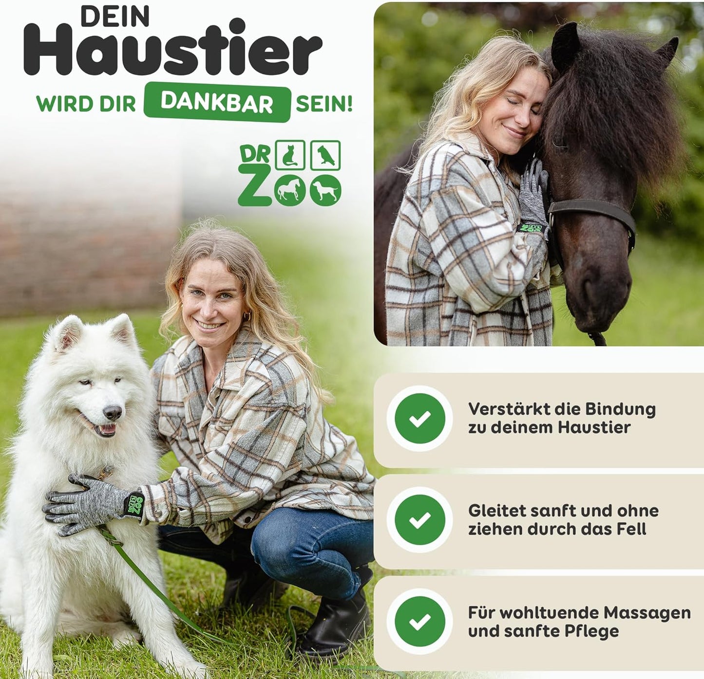 Fellpflegehandschuhe für Tiere (1 Paar, Grösse M), M