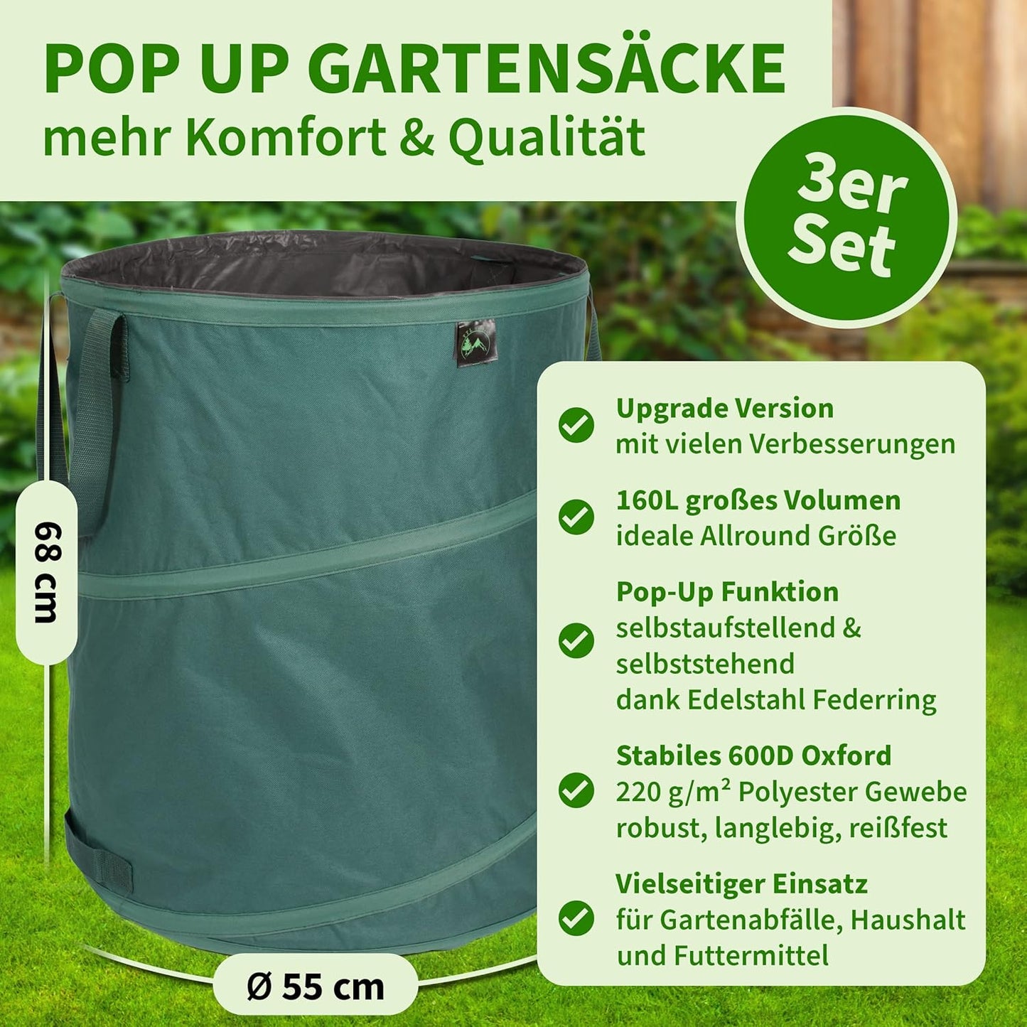 3er-Set Gartenabfallsack, 160L Premium 3x