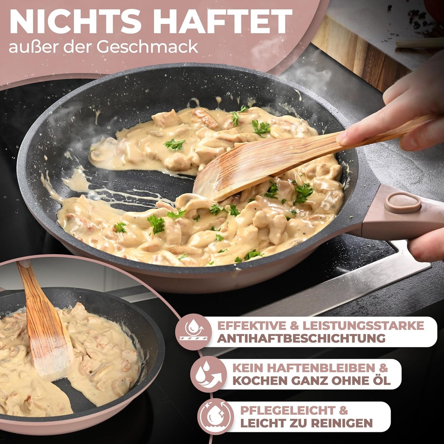 Antihaft-Bratpfanne mit abnehmbarem, Rosa 24 cm