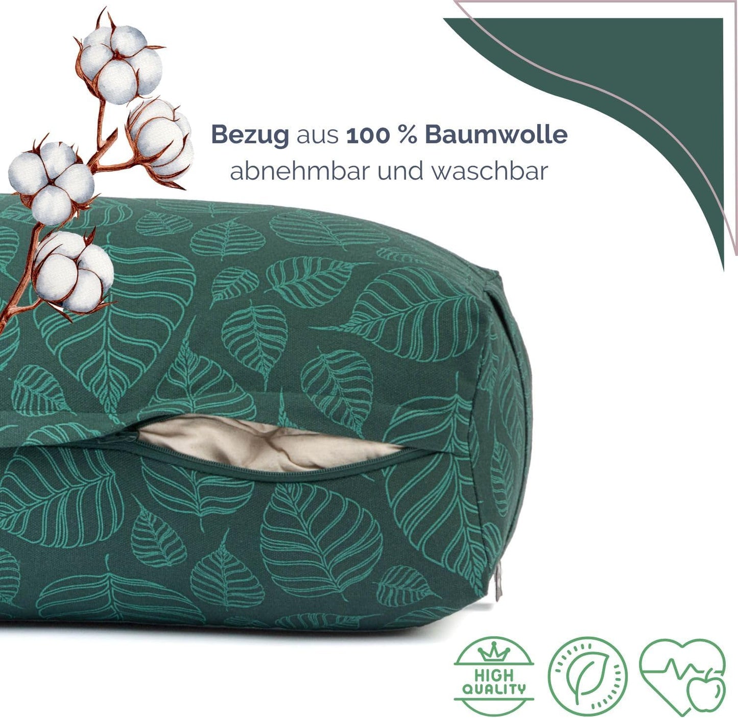 Yoga Bolster Salamba mit Dinkelfüllung, Bodhi Leaves / Deep Green