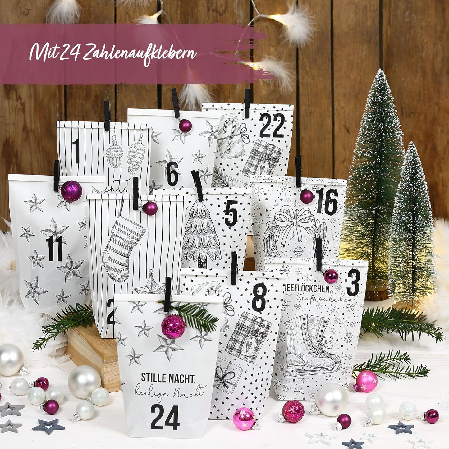 Adventskalender zum Befüllen mit 24 Tüten und Zahlenaufklebern, Weiss Schwarz