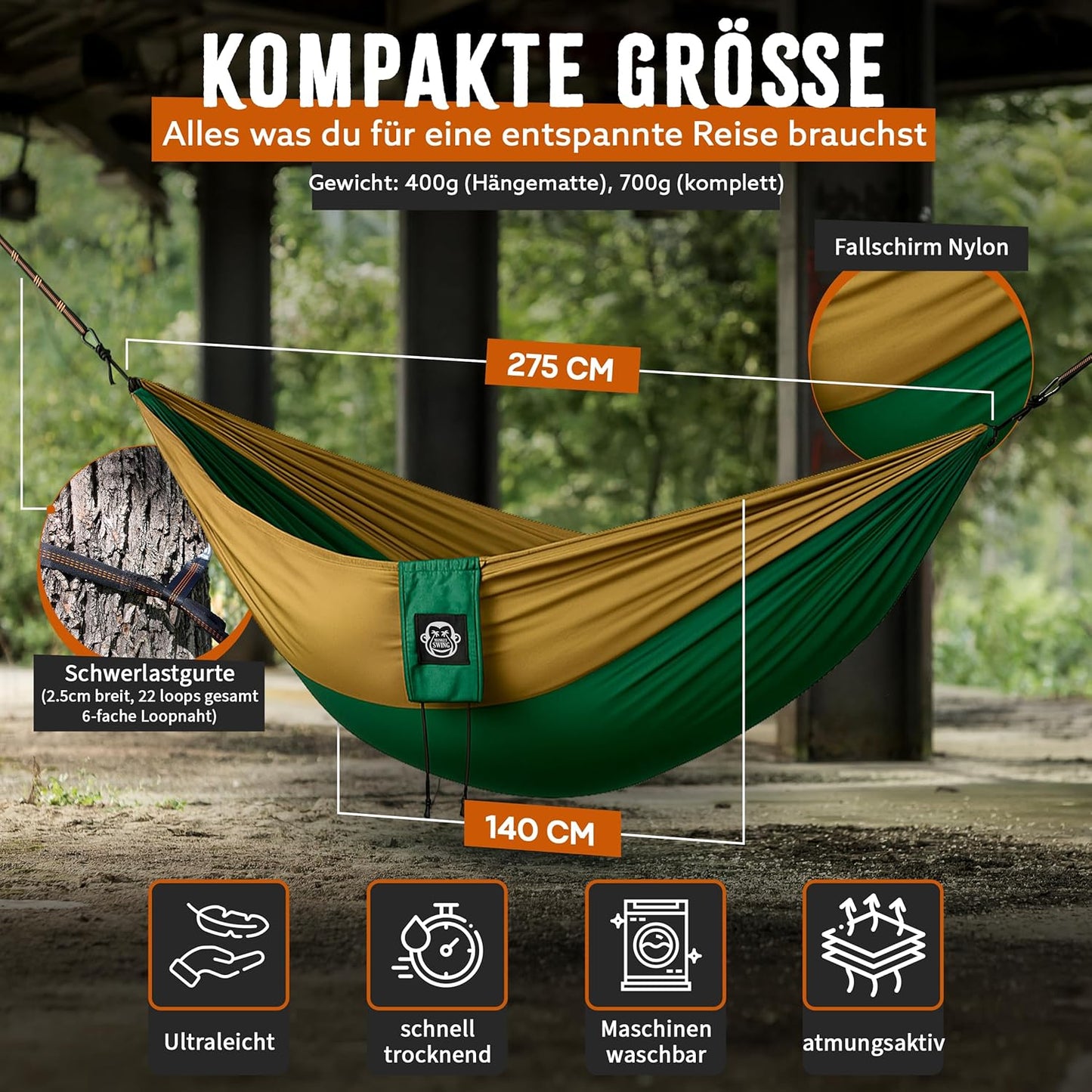 Ultraleichte Hängematte inkl. Karabiner & Gurte, Grün/Khaki