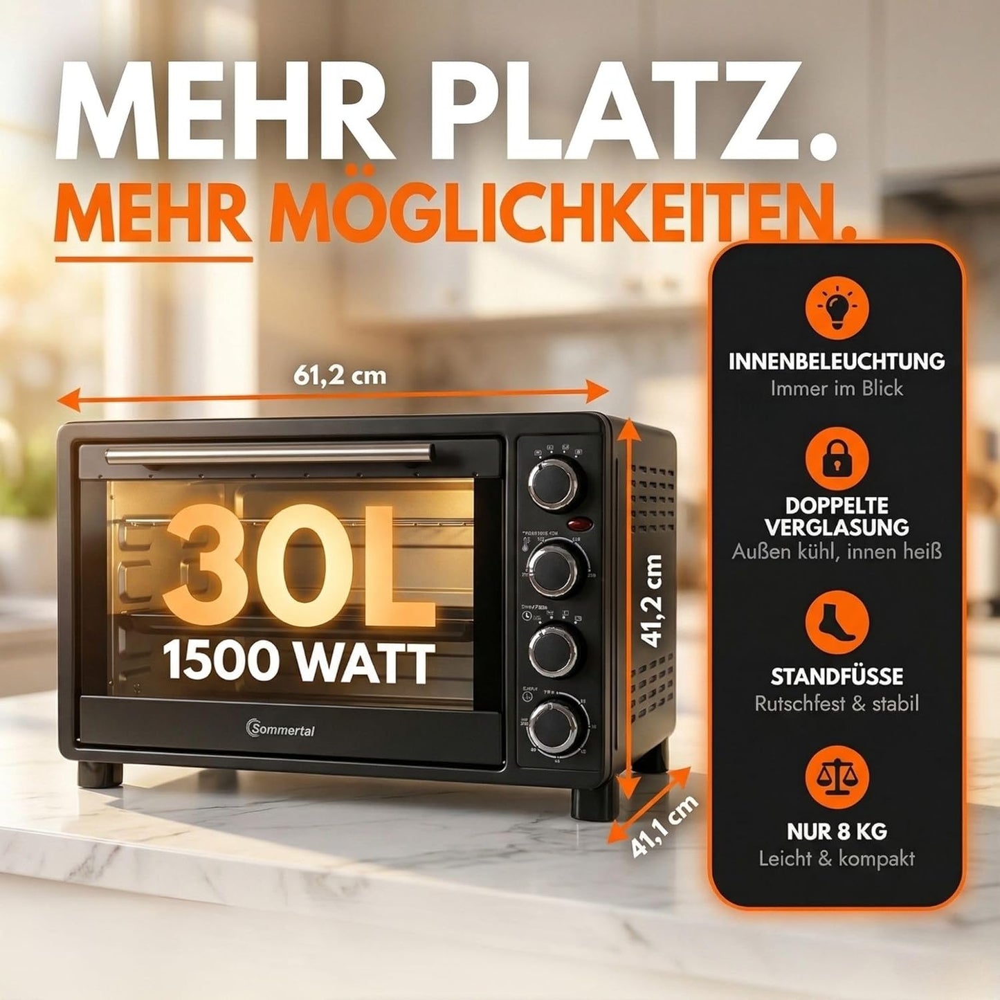 4-in-1 Minibackofen mit Umluft & Drehspiess, 30 Liter
