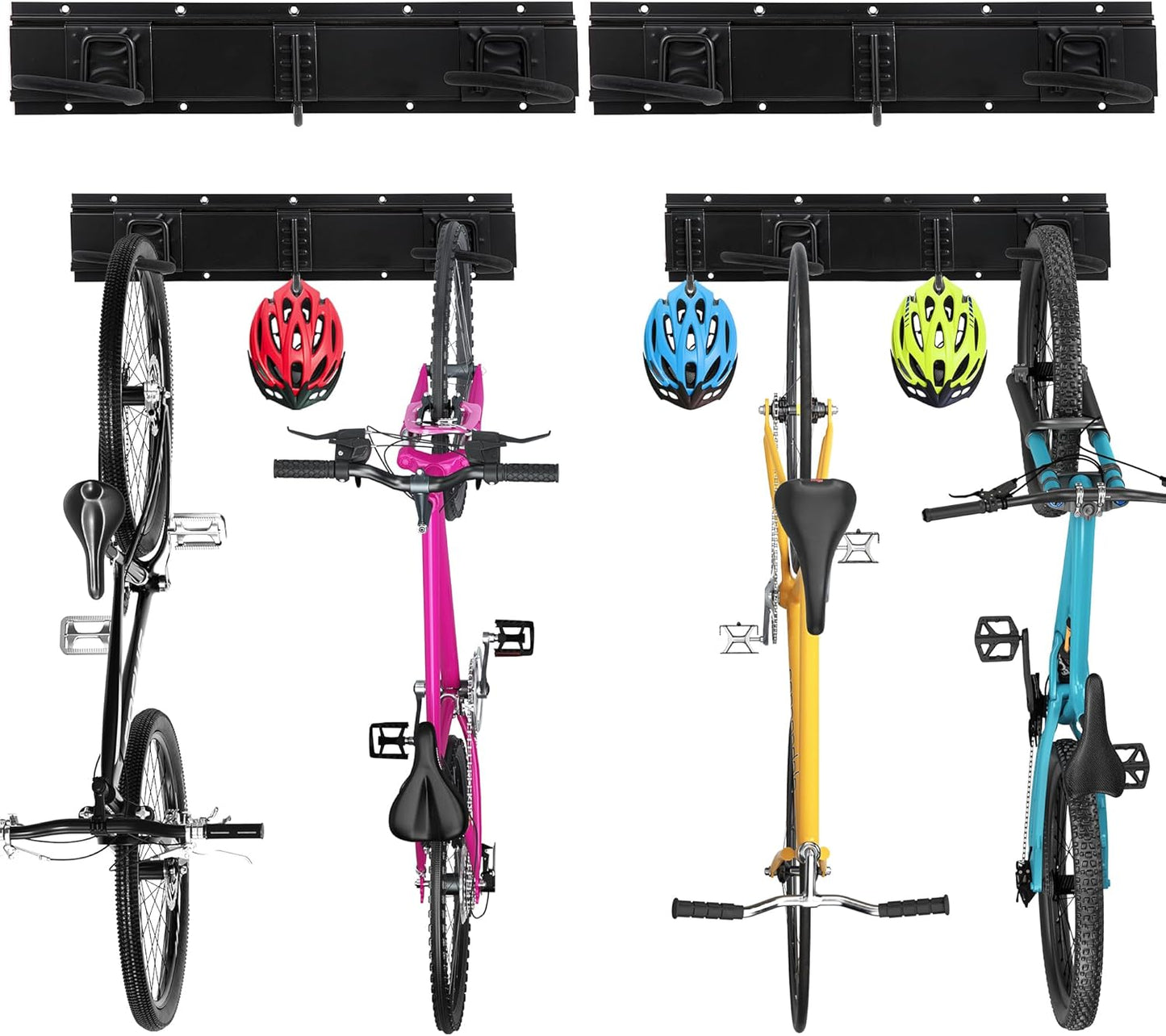 Fahrrad-Wandhalterung für 4 Räder + Helme, 4 Fahrräde -20Zoll - 2 Schienen+3 Helmhaken