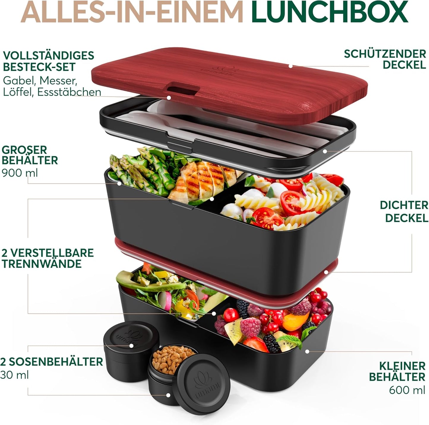 Auslaufsichere Bento Lunchbox mit Besteck & Fächern, Schwarzes Rosenholz L - 1500 ml
