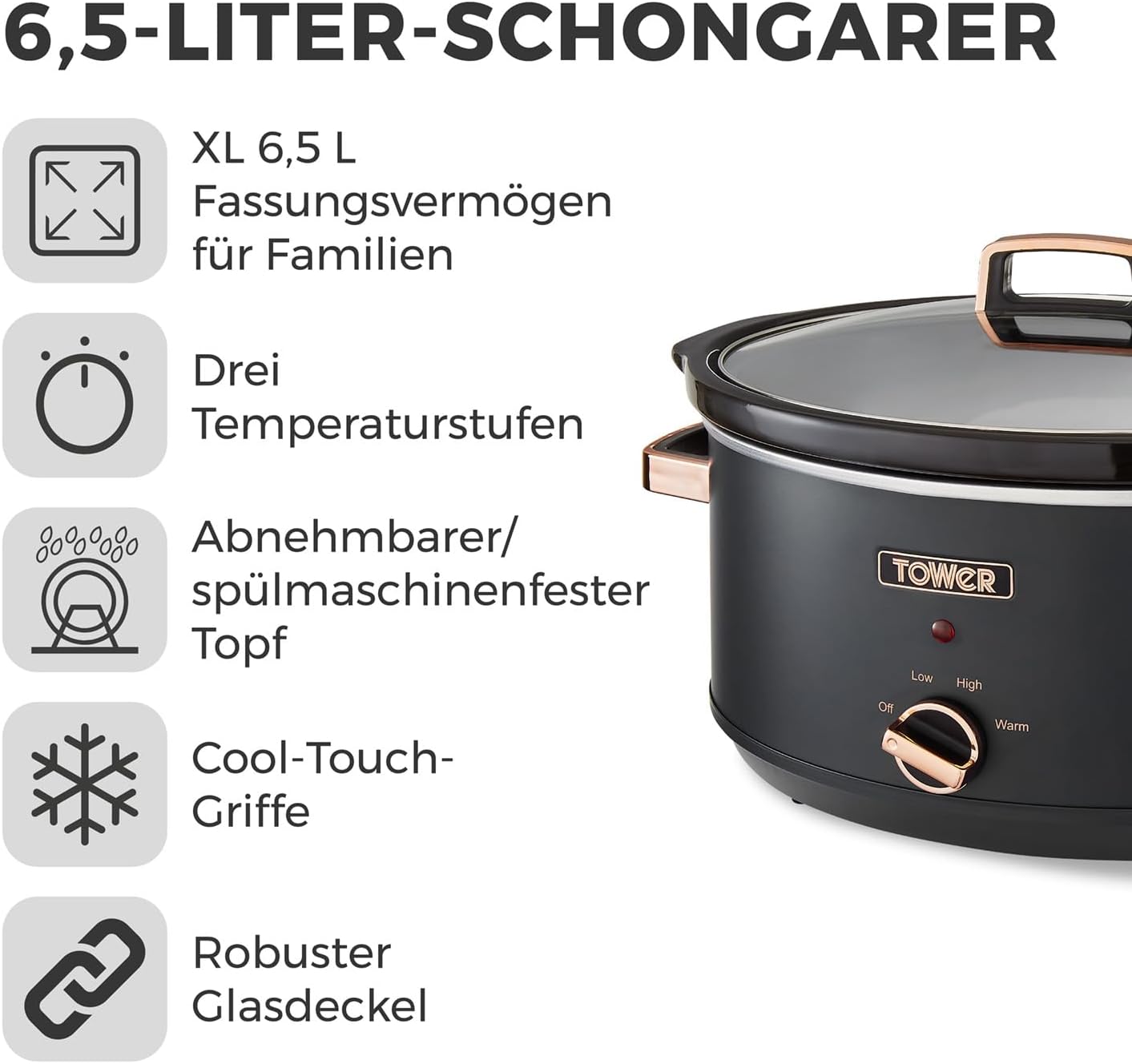 Cavaletto Schongarer mit 3 Wärmestufen, 6,5L Slow Cooker Schwarz