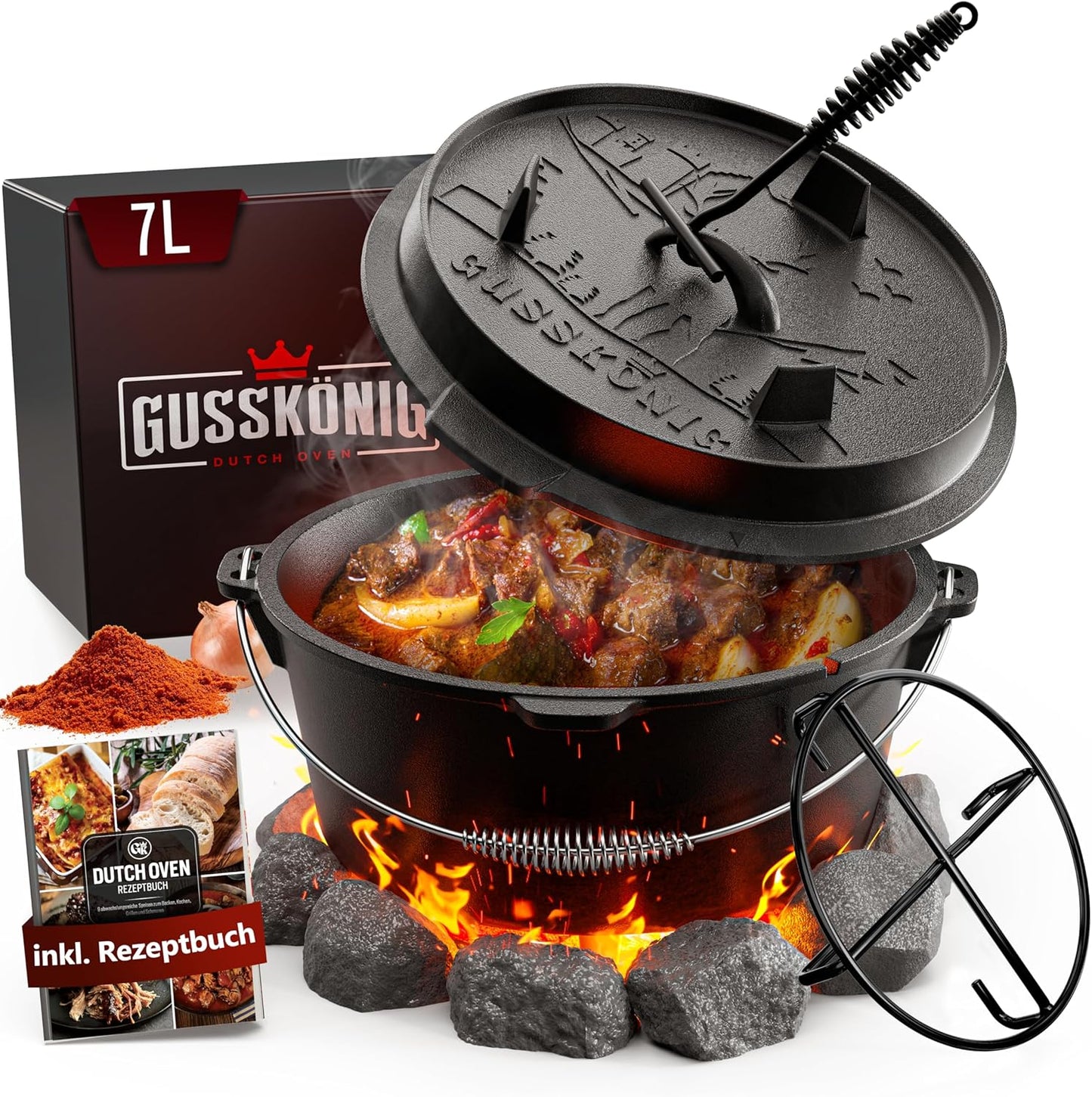 Dutch Oven Set mit Deckelheber und Untersetzer, Topf ohne Fuss 7 Liter