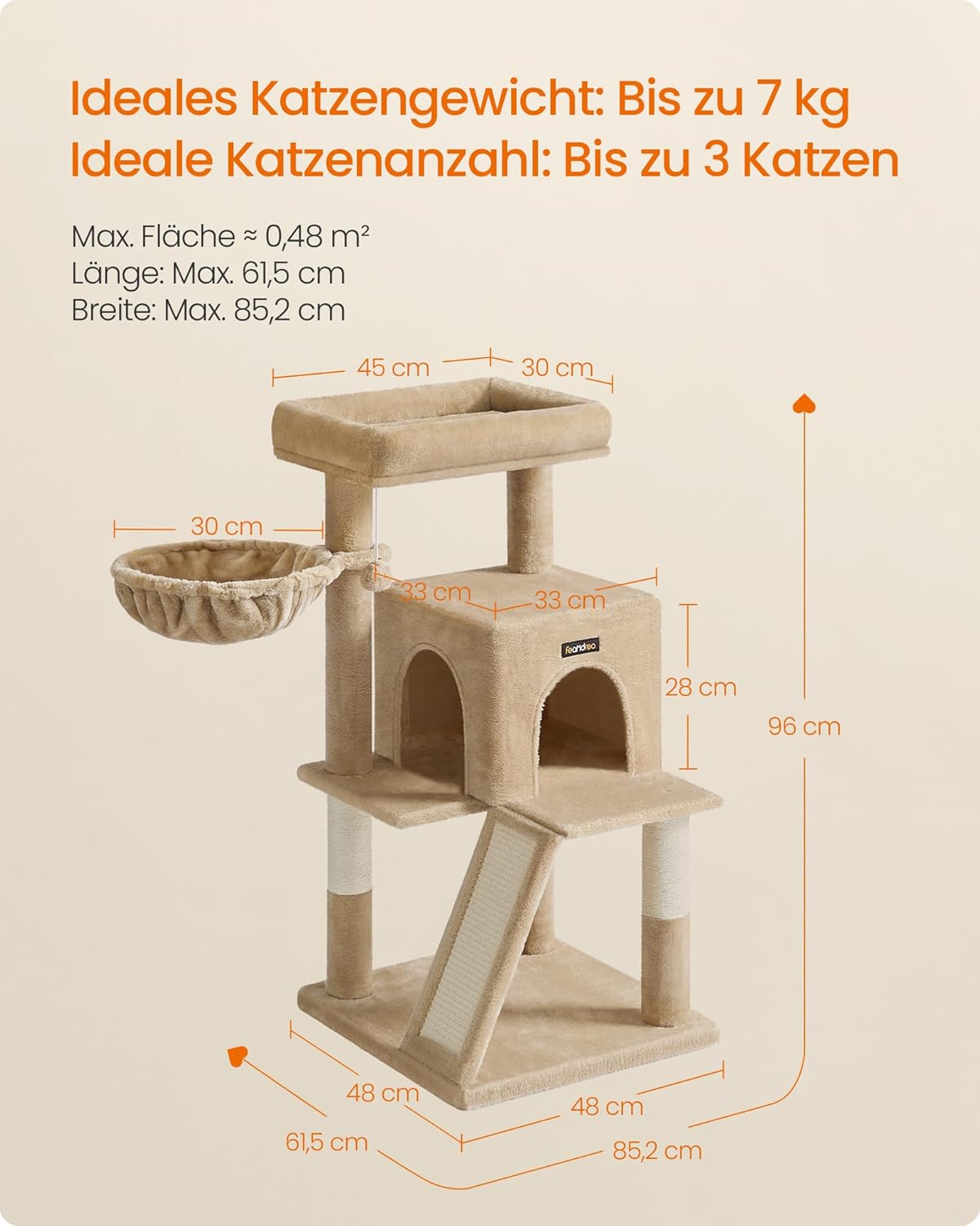 Katzenbaum mit Plattform und Höhle, kamelbraun