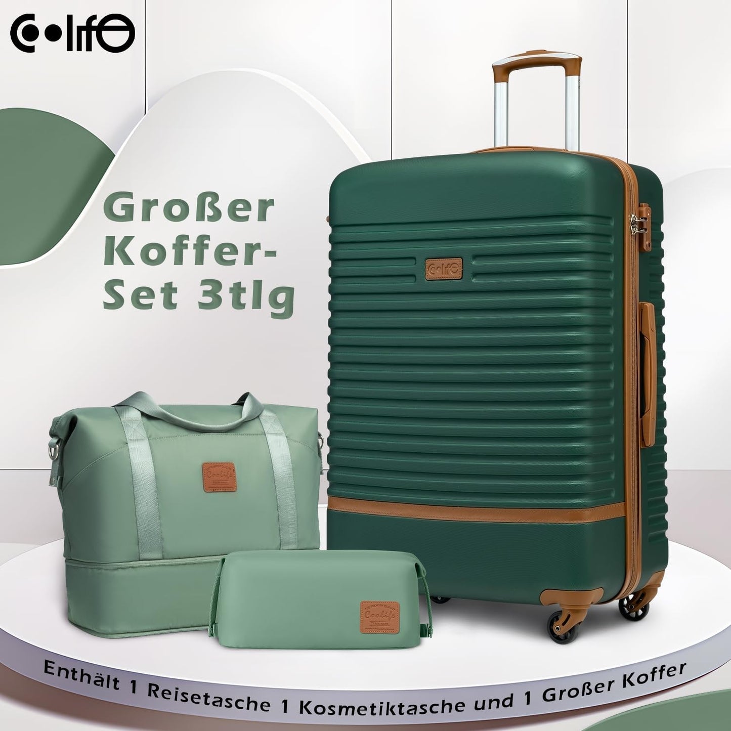 3-teiliges Hartschalen-Koffer-Set, Dunkelgrün/Braun Grosser Koffer-Set 3tlg