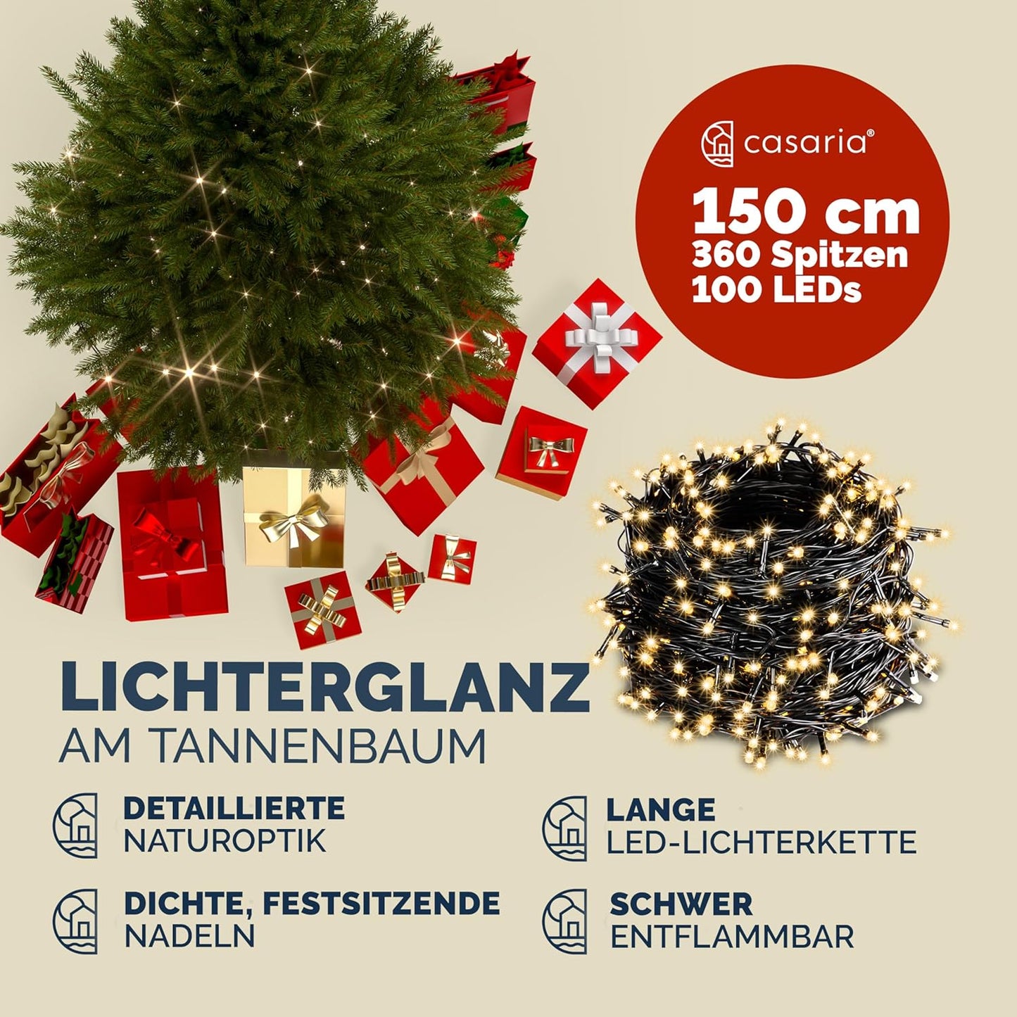 Künstlicher Weihnachtsbaum mit Lichterkette, 150cm mit Lichterkette