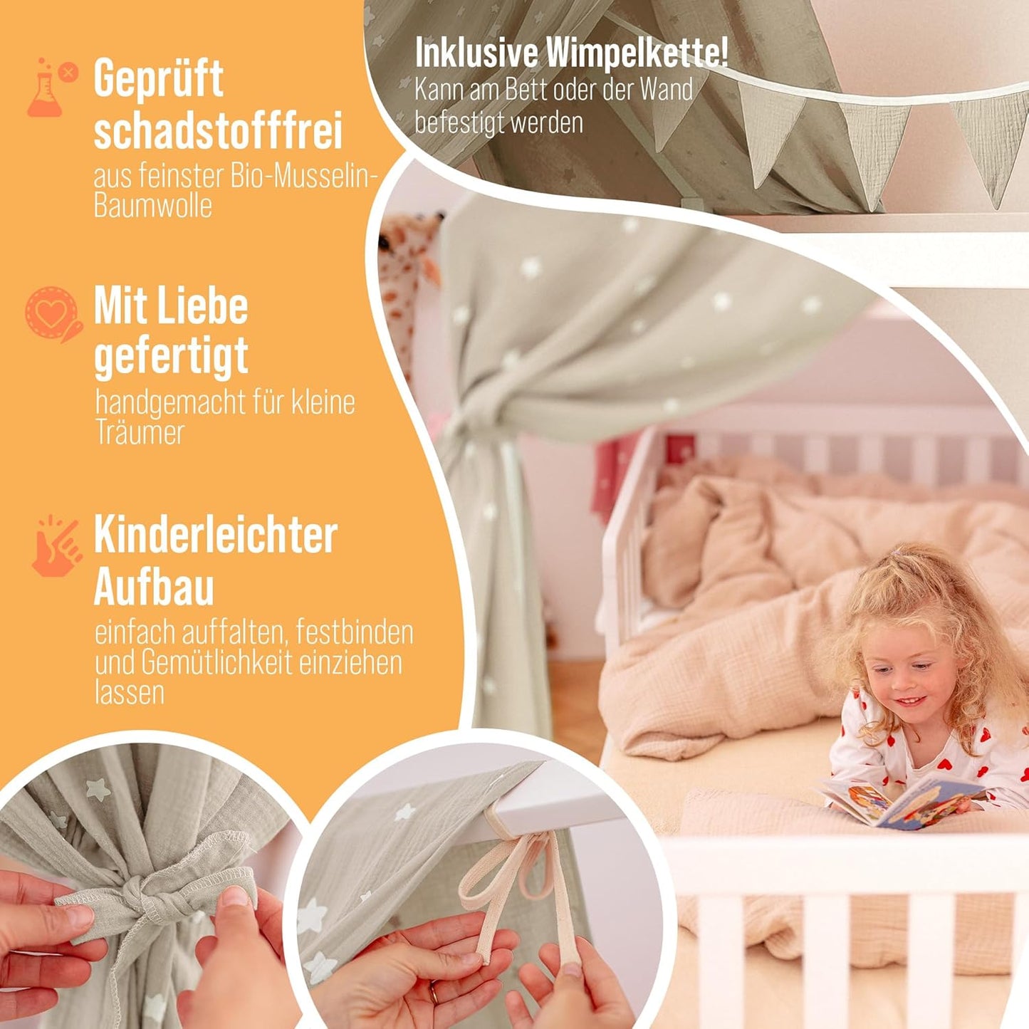 Hausbett Himmel-Set mit Sternendruck und Wimpelkette, Beige Sterne H320 x B130 cm (2er Set)
