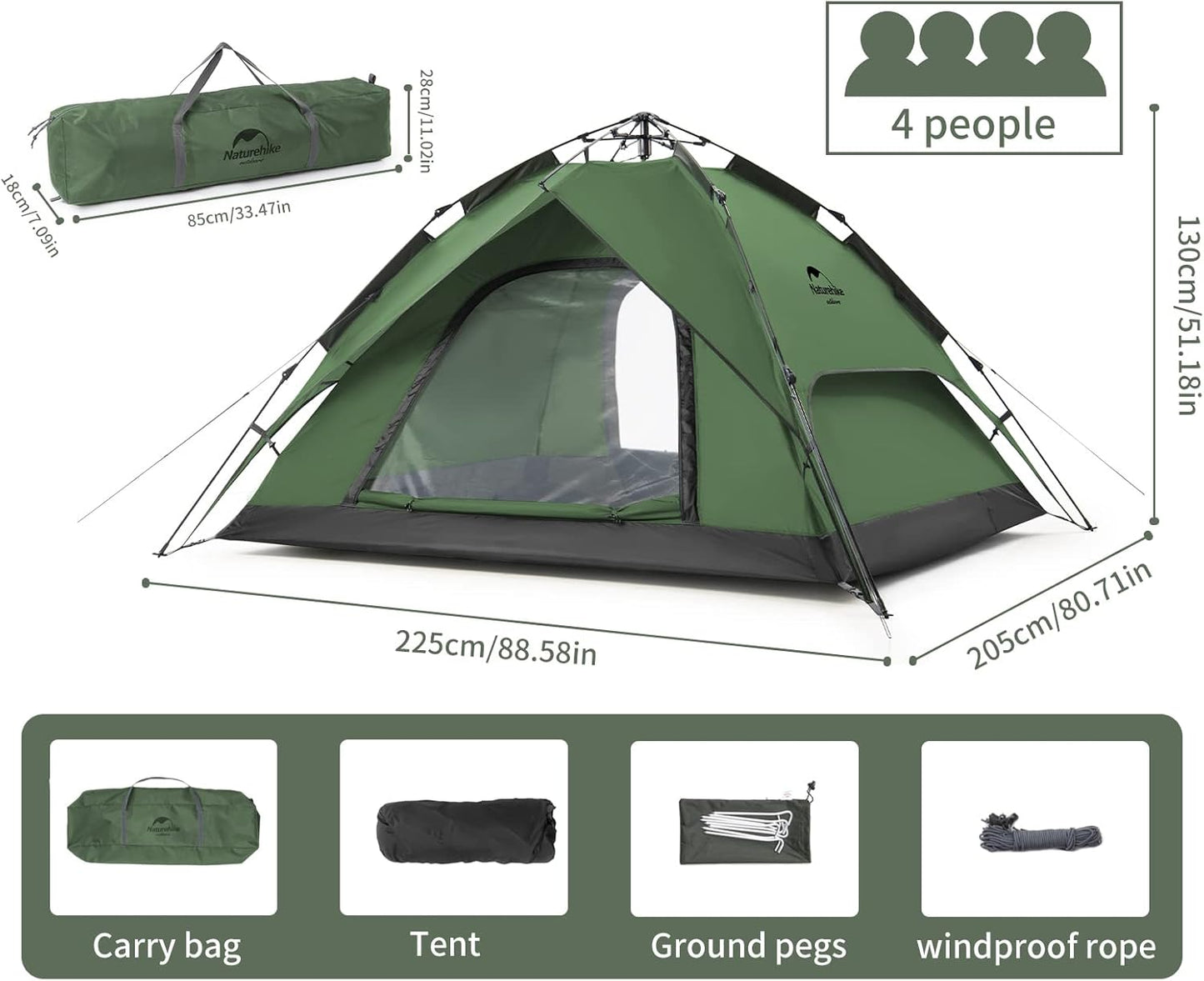Pop-Up Zelt für 3-4 Personen, Waldgrün - 4P