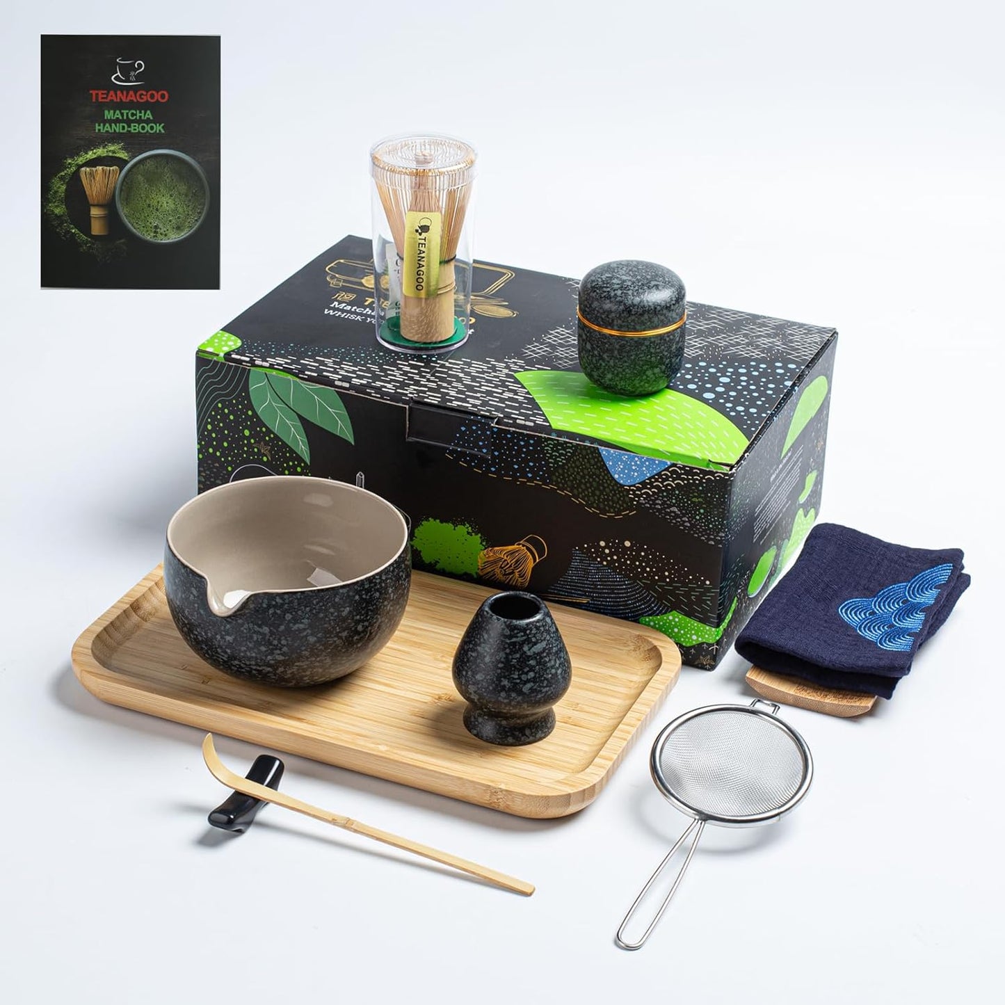 Matcha Tee Set mit Tablett, 10 Stück/Set, Schüssel mit Ausgießer Anthrazitgrau