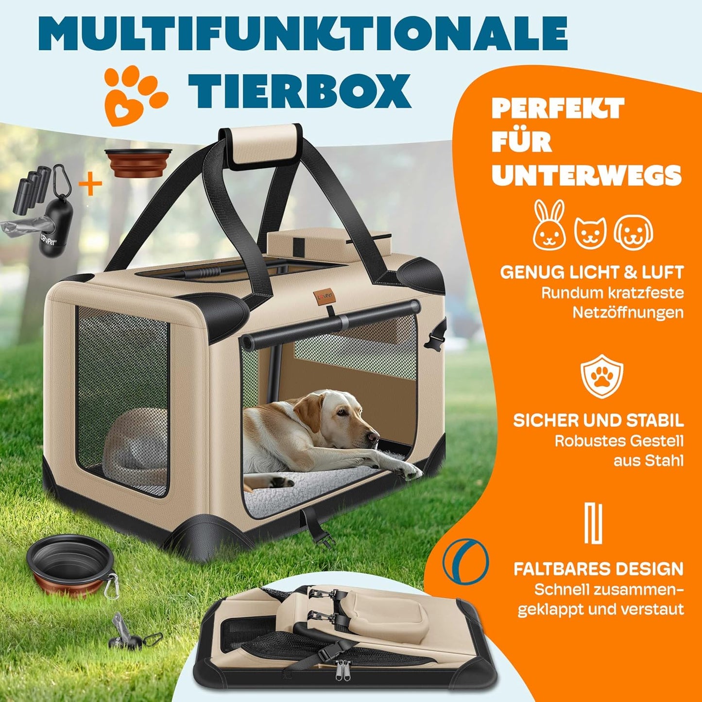 Faltbare Tiertransporttasche mit Napf & Gurt, XXL / Beige