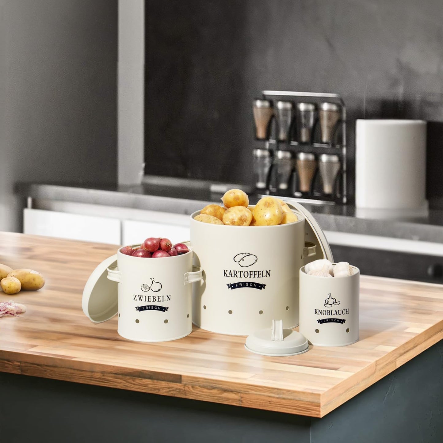 Kartoffel-, Knoblauch- und Zwiebeltopf-Set im Retro-Design, Beige