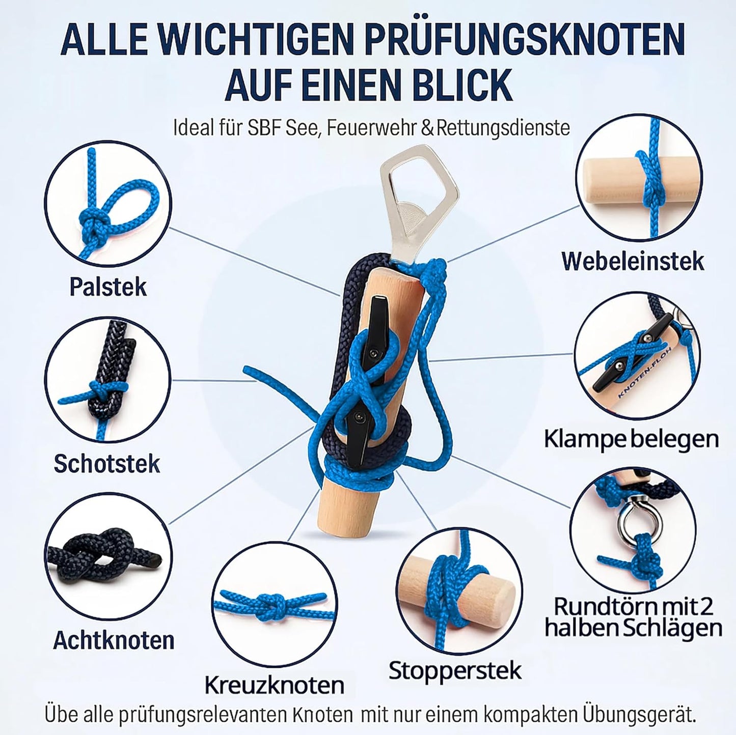 Knoten-Übungsset für Bootsführerschein & Feuerwehr, Schwarz/Blau mit Flaschenöffner