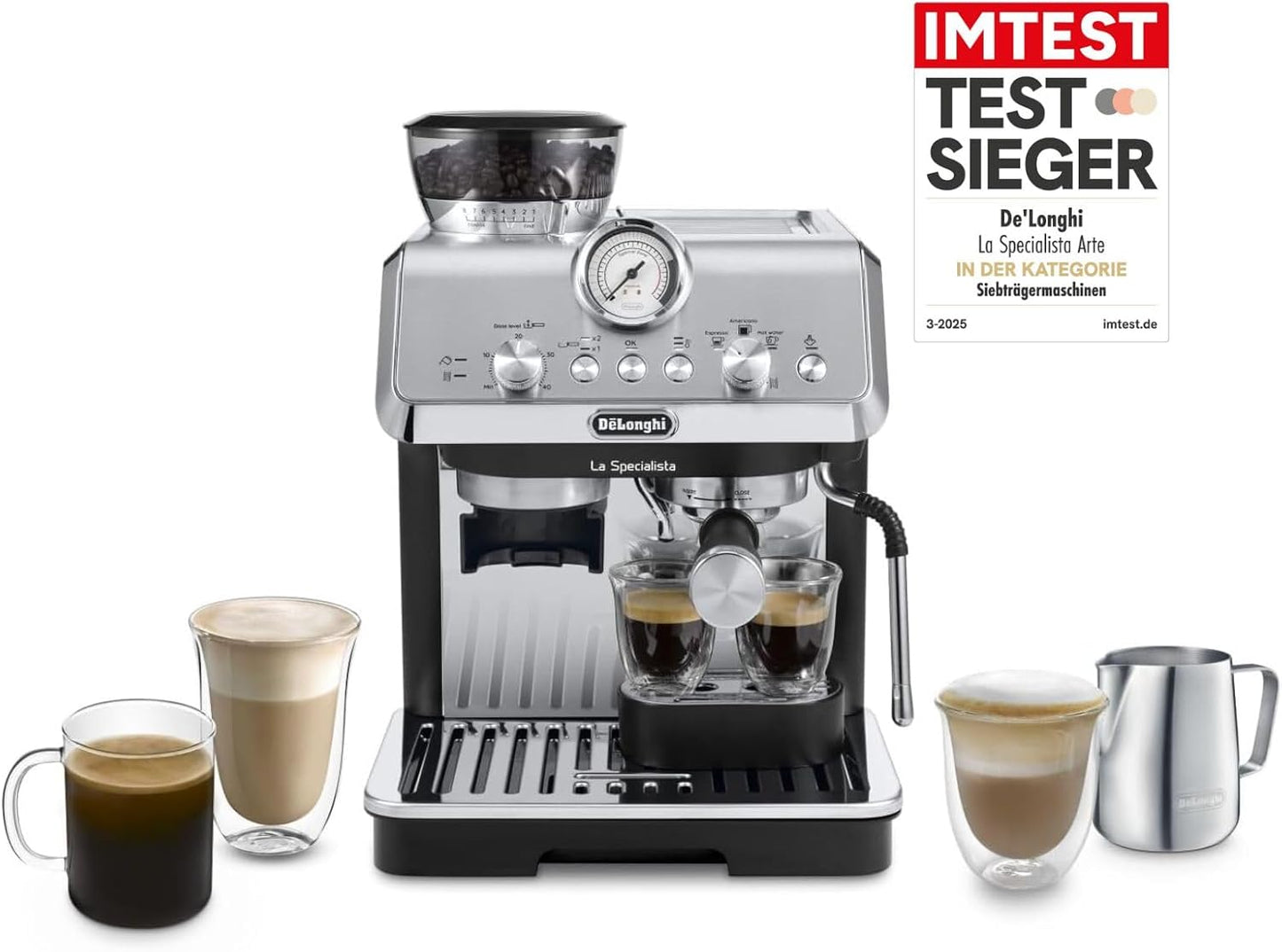 Siebträgermaschine mit Mahlwerk und Milchschaumdüse, Edelstahl / Schwarz, ohne Cold Brew