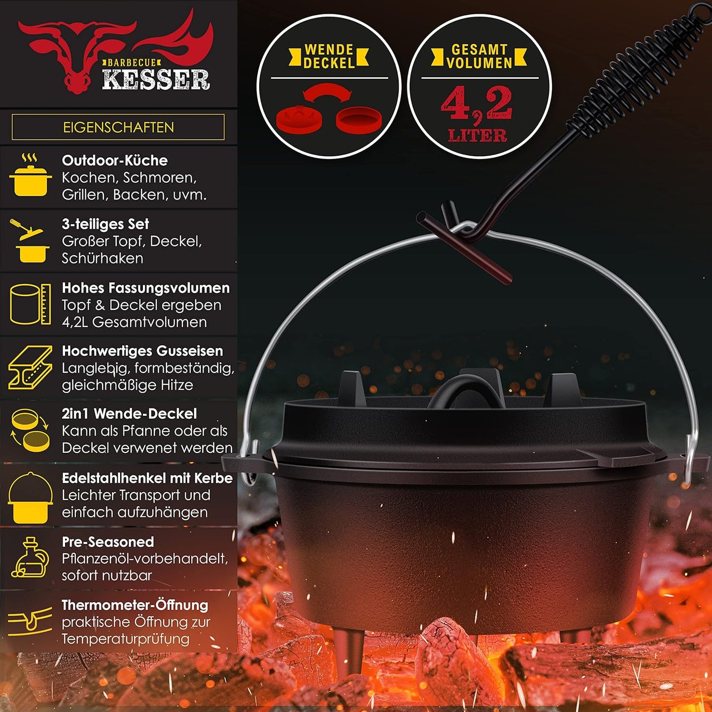 Dutch Oven Set BBQ, DO45P - 4.2 Liter Topf mit Füsse