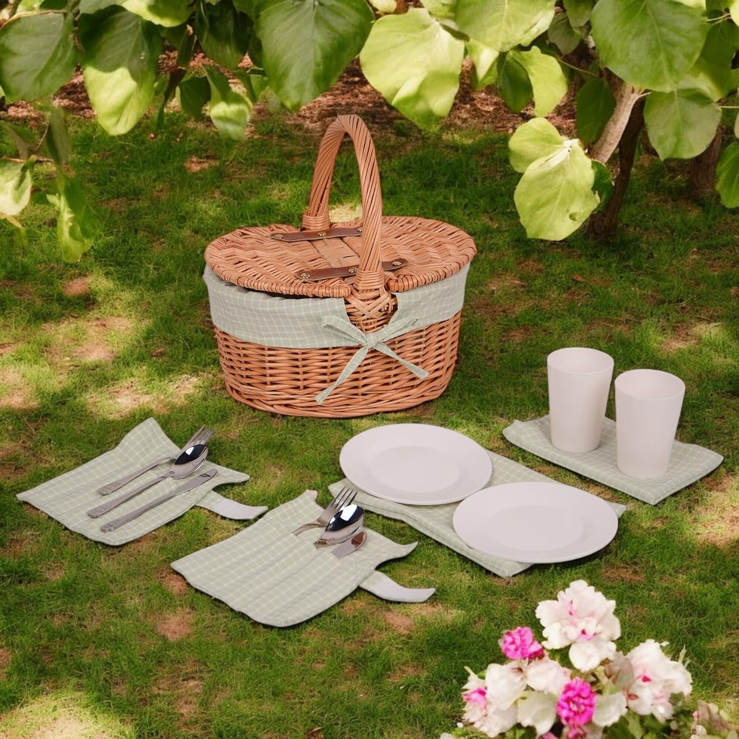 Kinder Picknickkorb mit Ausstattung, Oval Grün