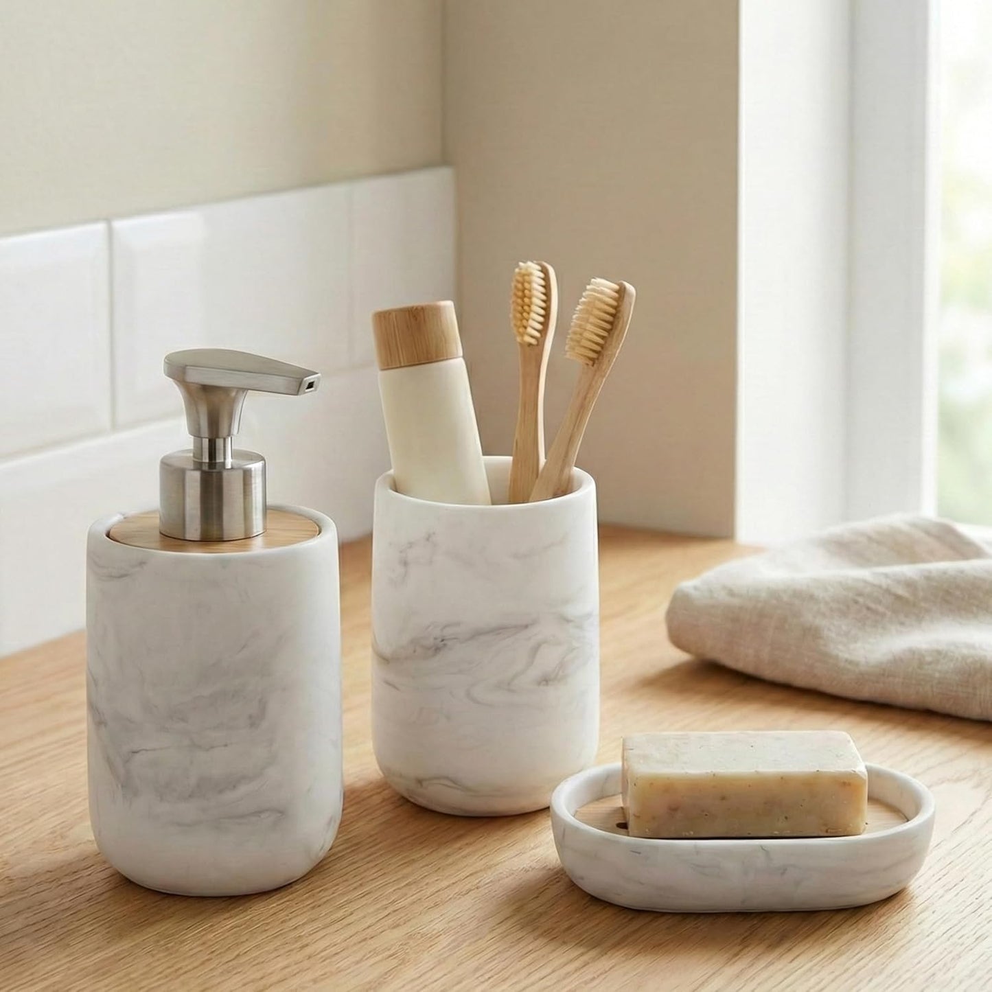 Badezimmer-Set 3-teilig (Seifenspender, Becher, Schale), Set 3 Marble