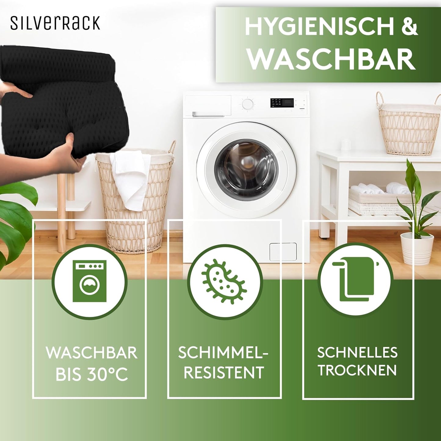 Badewannenkissen mit Saugnäpfen, ergonomisch, Schwarz 4d