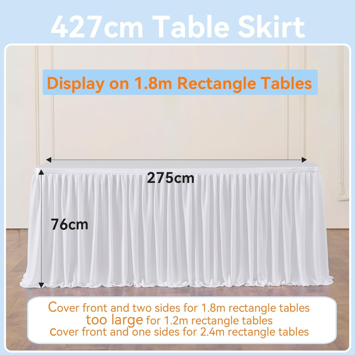 Faltenfreier Tischrock für Bankett & Hochzeit, Weiß L427cm×H76cm
