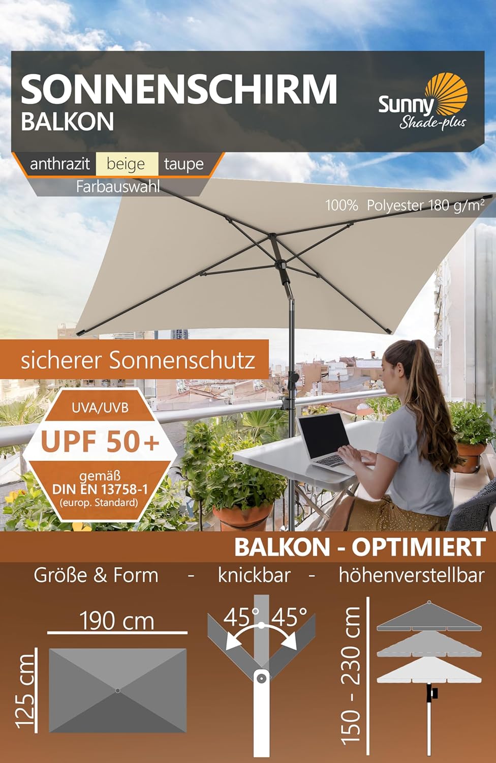 Sonnenschirm Balkonset SunnyShade Plus, Halter Set – 1 x Halter Sunnyeasy + Schirm + Hülle Beige