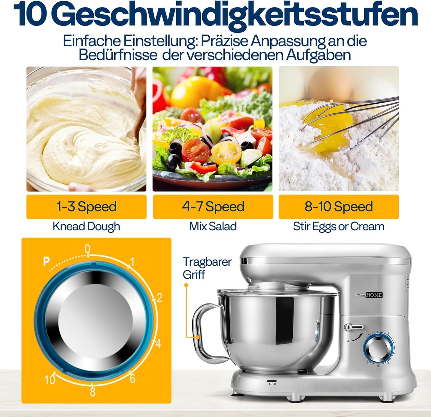 Küchenmaschine mit 10 Geschwindigkeiten, Silbern