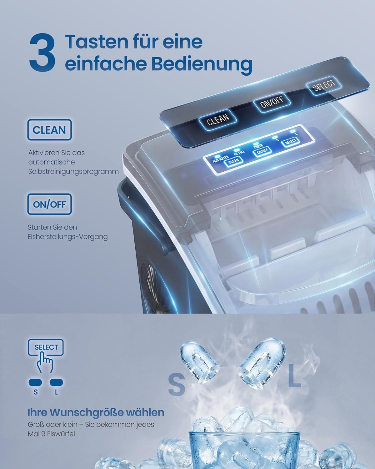 XZB001B1EU Eiswürfelmaschine mit Selbstreinigung, 9 Würfel in 6 Min., Tintenschwarz