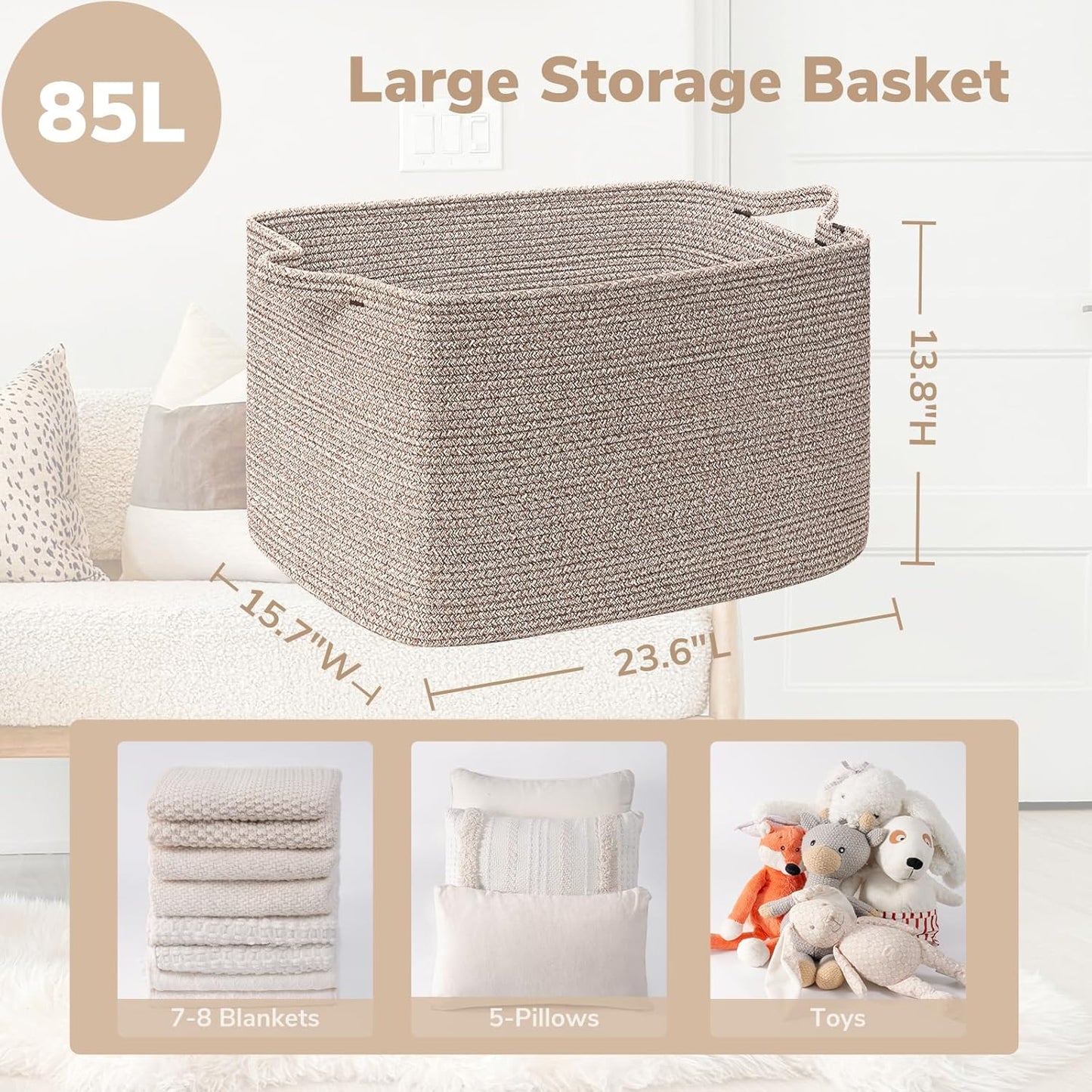 Geflochtener Aufbewahrungskorb, Braun 85L（60 x 40 x 35 cm）