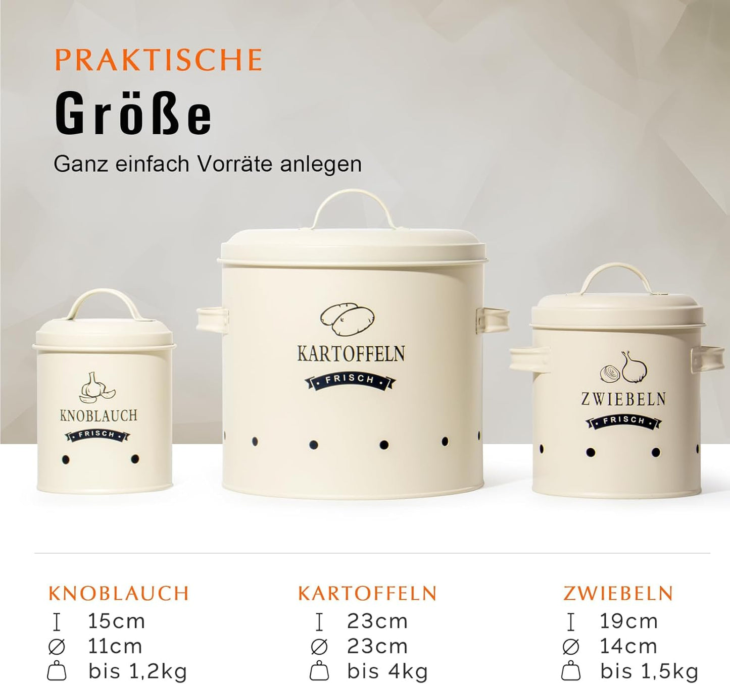 Kartoffel-, Knoblauch- und Zwiebeltopf-Set im Retro-Design, Beige