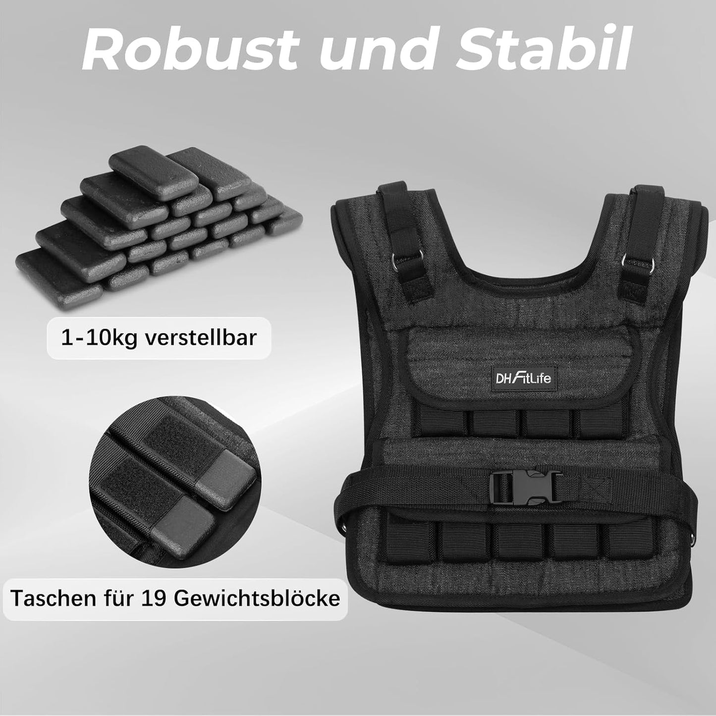 Verstellbare Gewichtsweste, Schwarz-10kg