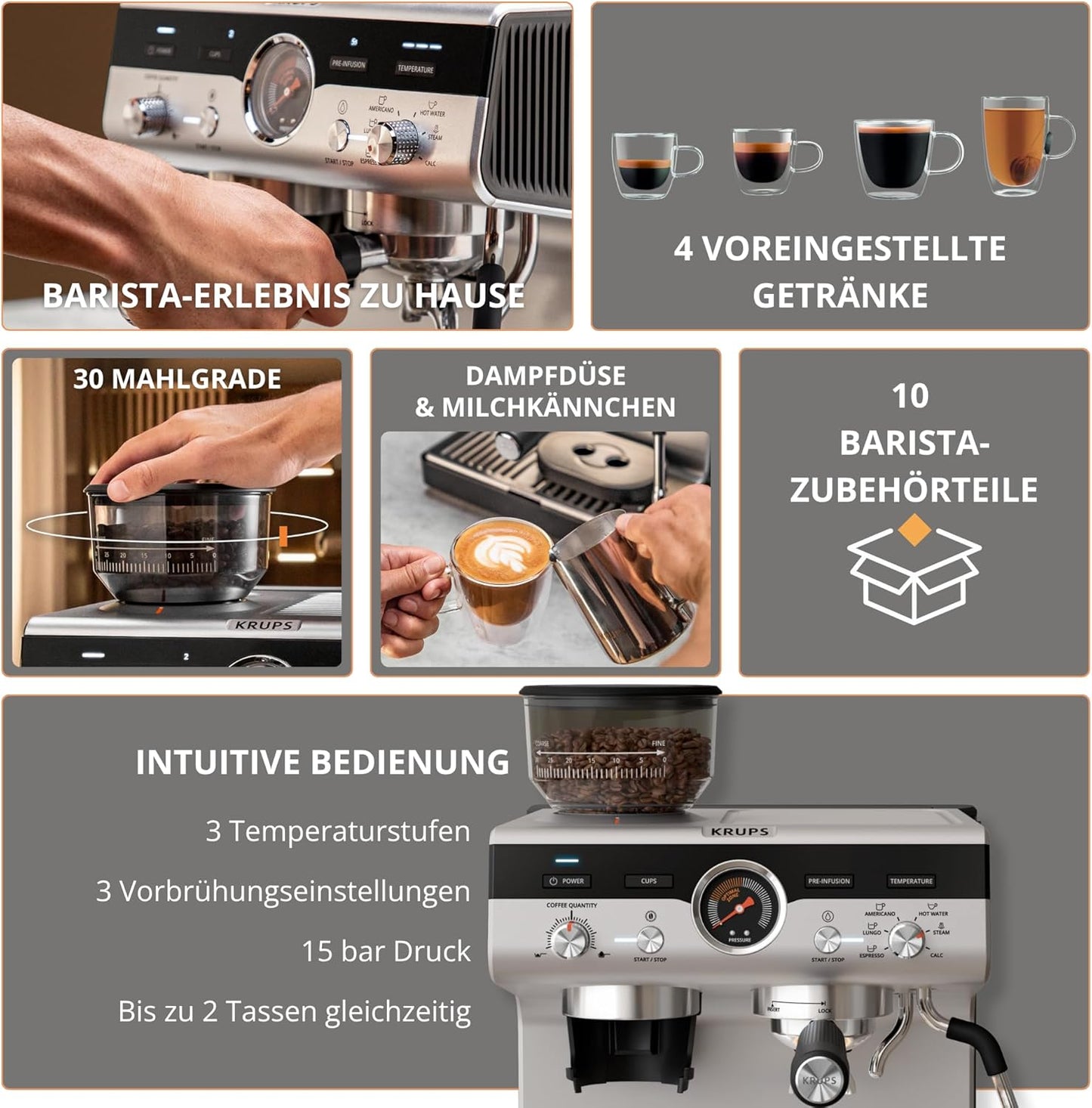 Siebträgermaschine mit Mahlwerk und Dampfdüse, Precision manuelle Siebträgermaschine mit Mahlwerk