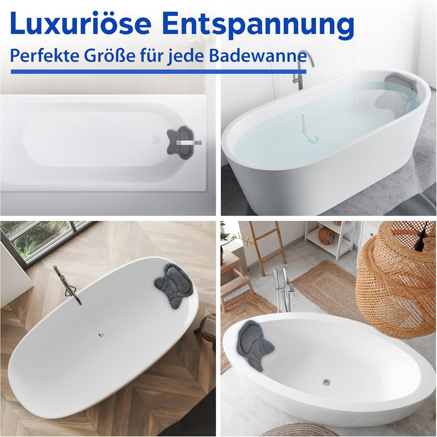 Ergonomisches Badewannenkissen mit Saugnäpfen, Grau L extra breit