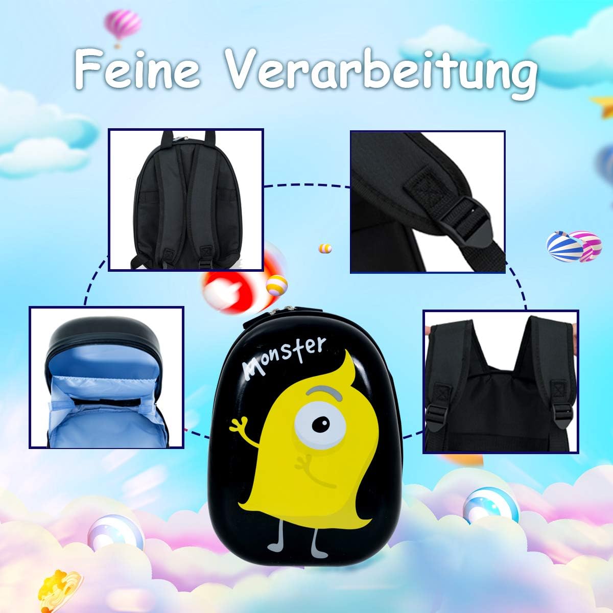 Kinderkoffer mit Rucksack Set, 16 Zoll +12 Zoll, Schwarz