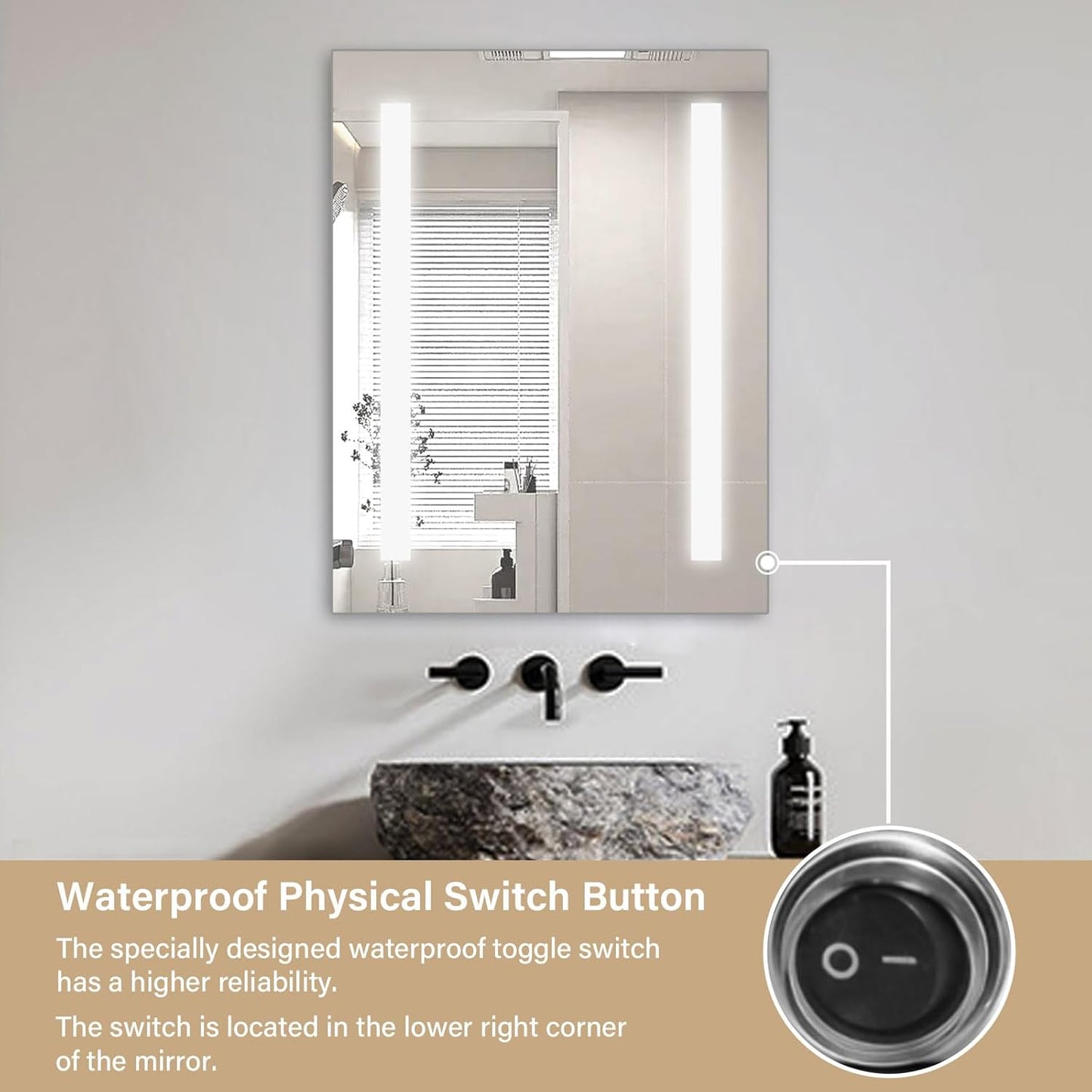 LED-Badezimmerspiegel mit Knopfschalter, 45 x 60 cm, 60L x 45B cm Zwei Mattierte Kanten - Ohne Bluetooth