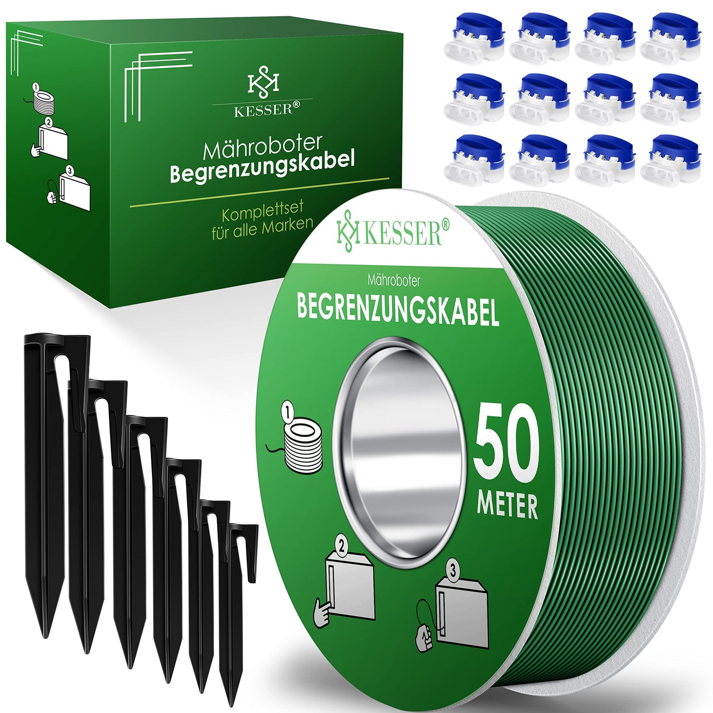 Begrenzungskabel-Set für Mähroboter, 50m + Set Grün