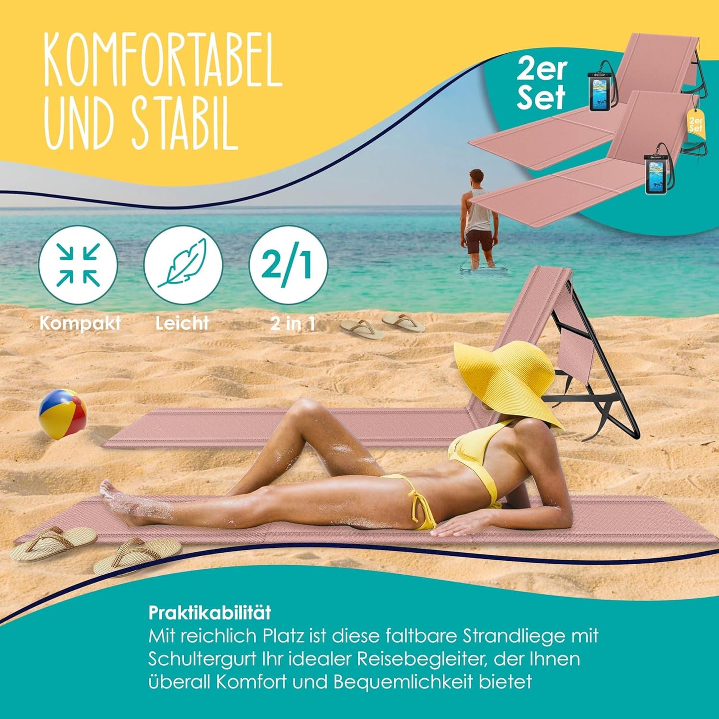Klappbare Strandmatte mit verstellbarer Rückenlehne und Tragegurt 2er-Set, 2 Stück Rose Blush