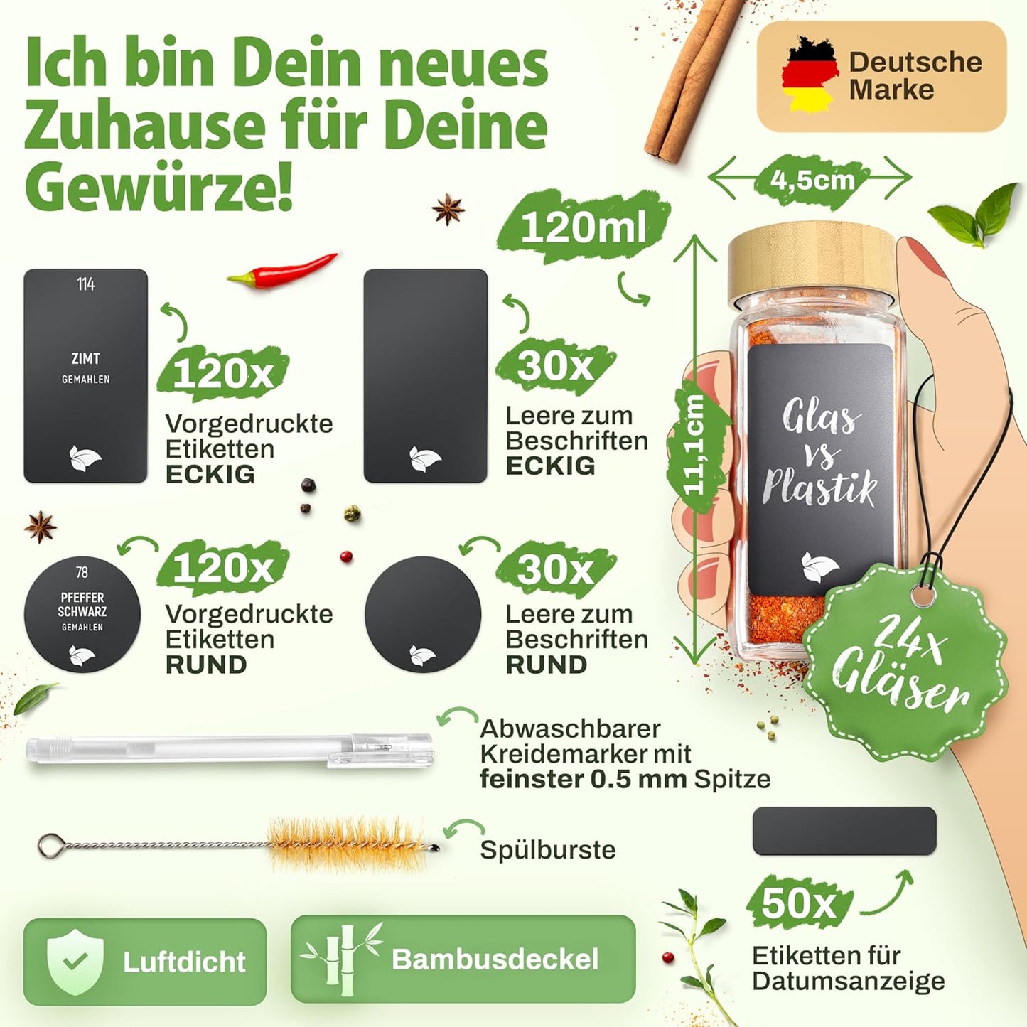 24-teiliges Gewürzgläser Set Eckig mit Gewürzetiketten, Streueinsätze, 24er Set - Bambus
