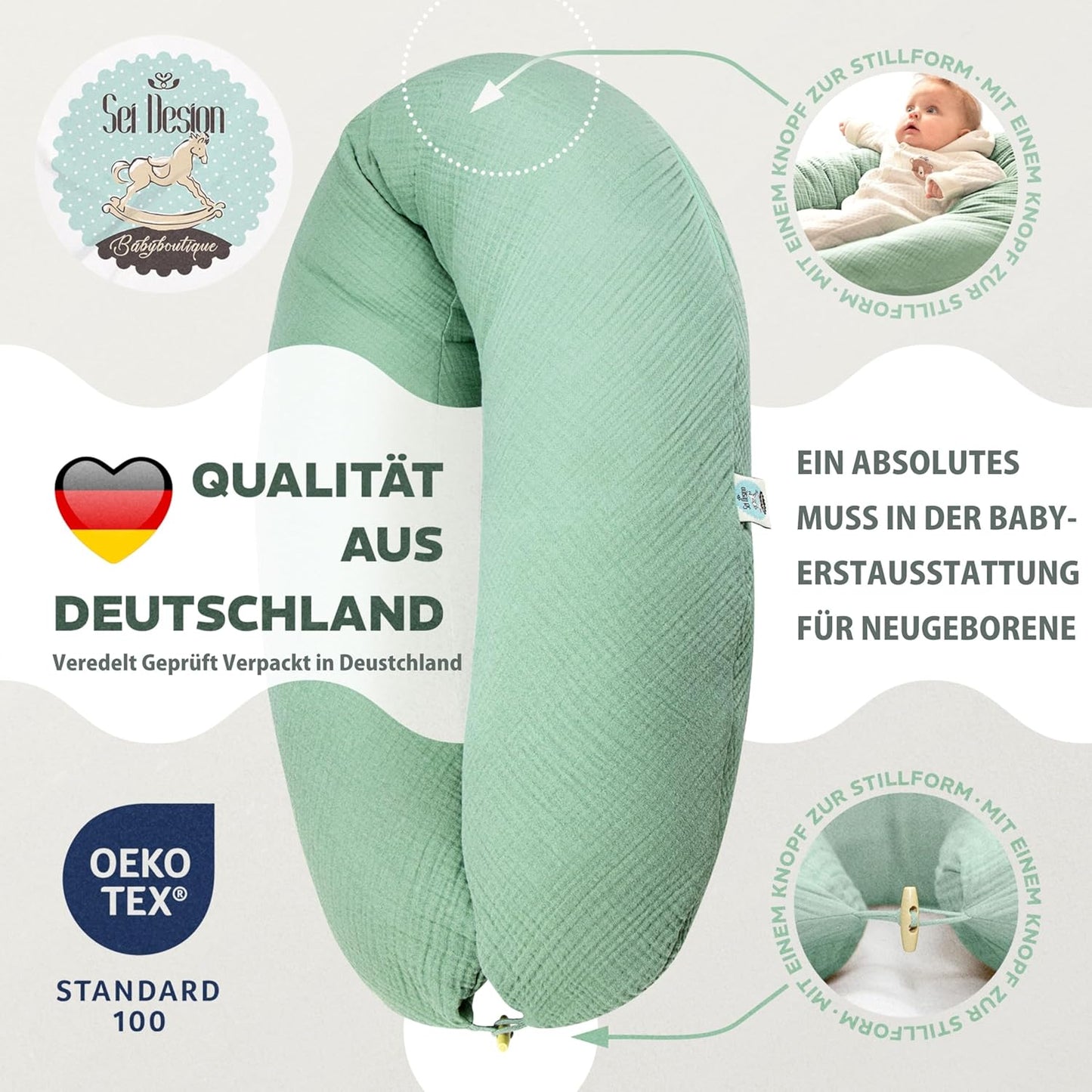 XXL-Stillkissen mit Musselin-Bezug, 190x35 cm, Musselin Mint Stillkissen 190x30