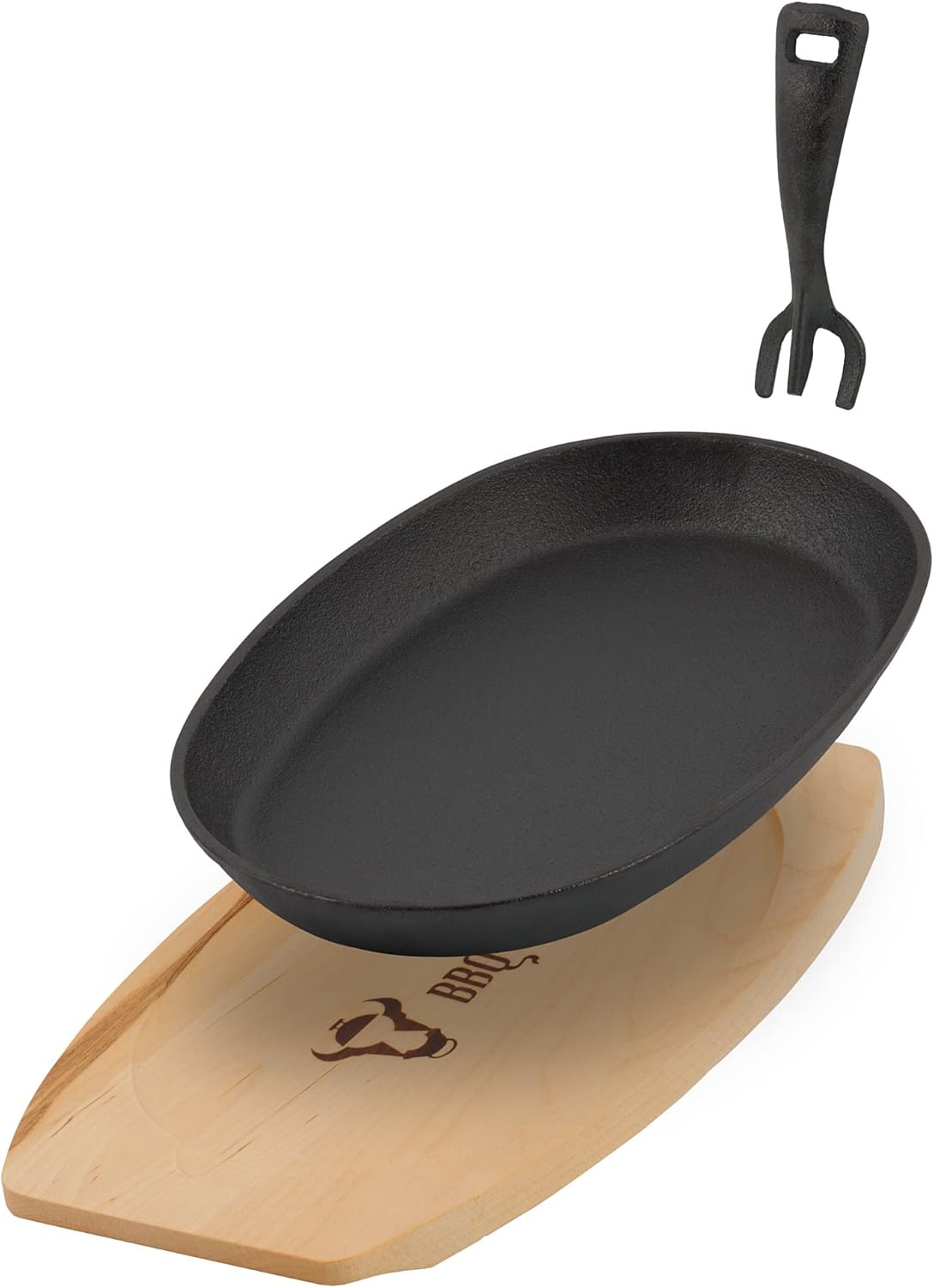 6er-Set Gusseisen-Servierpfännchen mit Holzunterlage, 6 Gusseisen